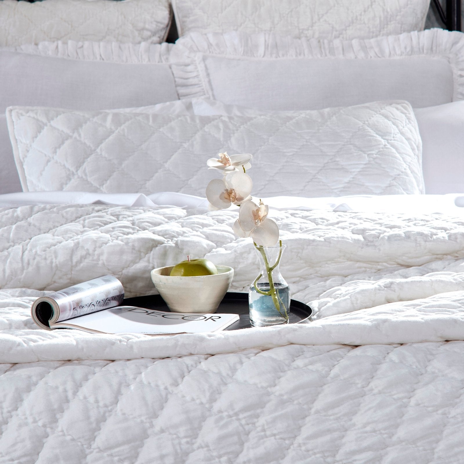 QT-343-9496_4|Crisp white velvet quilt with elegant diamond quilting, offering a luxurious and pristine touch for any contemporary bedroom.