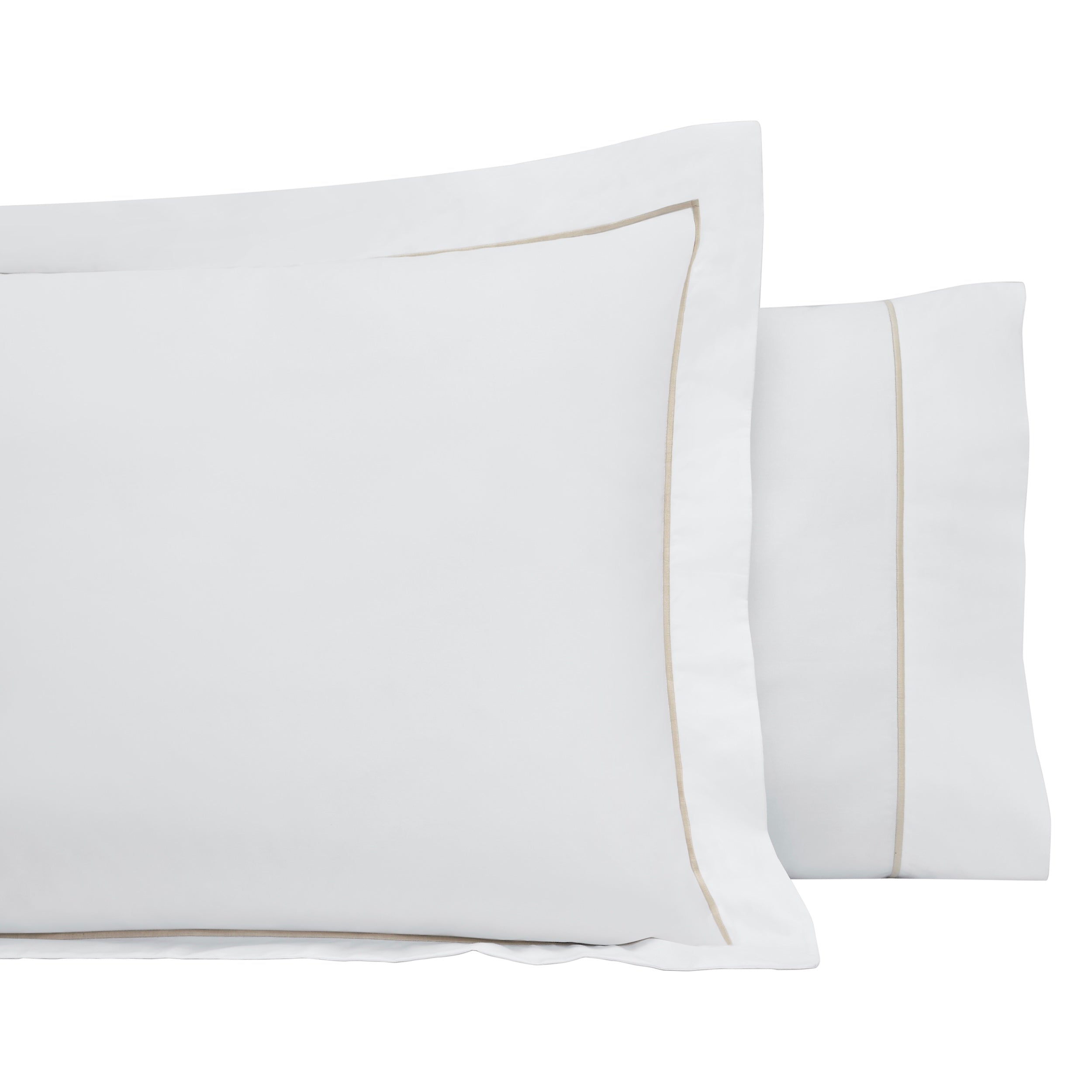 AKP-531-2040_3|Elegant pair of 100% cotton white pillowcases with sophisticated beige piping, offering luxurious bedroom comfort.