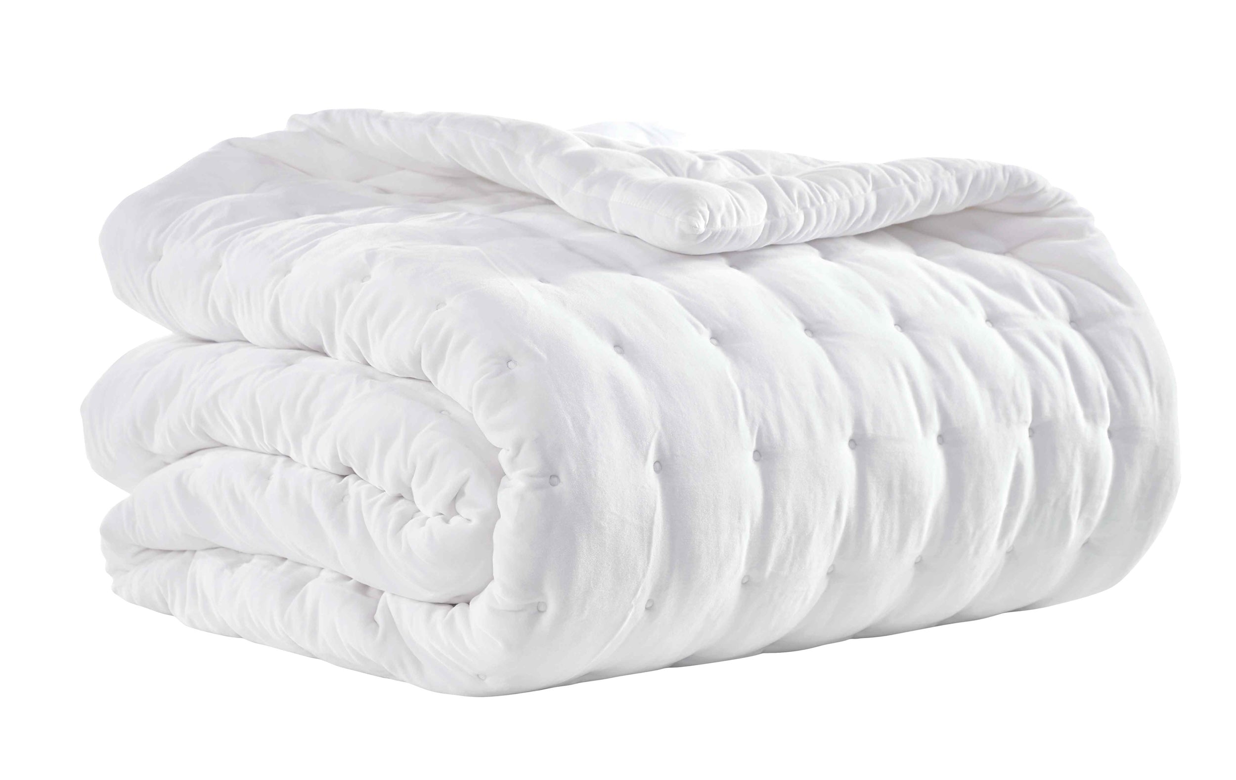 QT-353-11096_2|Neatly folded white square-quilted bedspread, showcasing its plush texture and clean design. Luxurious and comfortable bedding.
