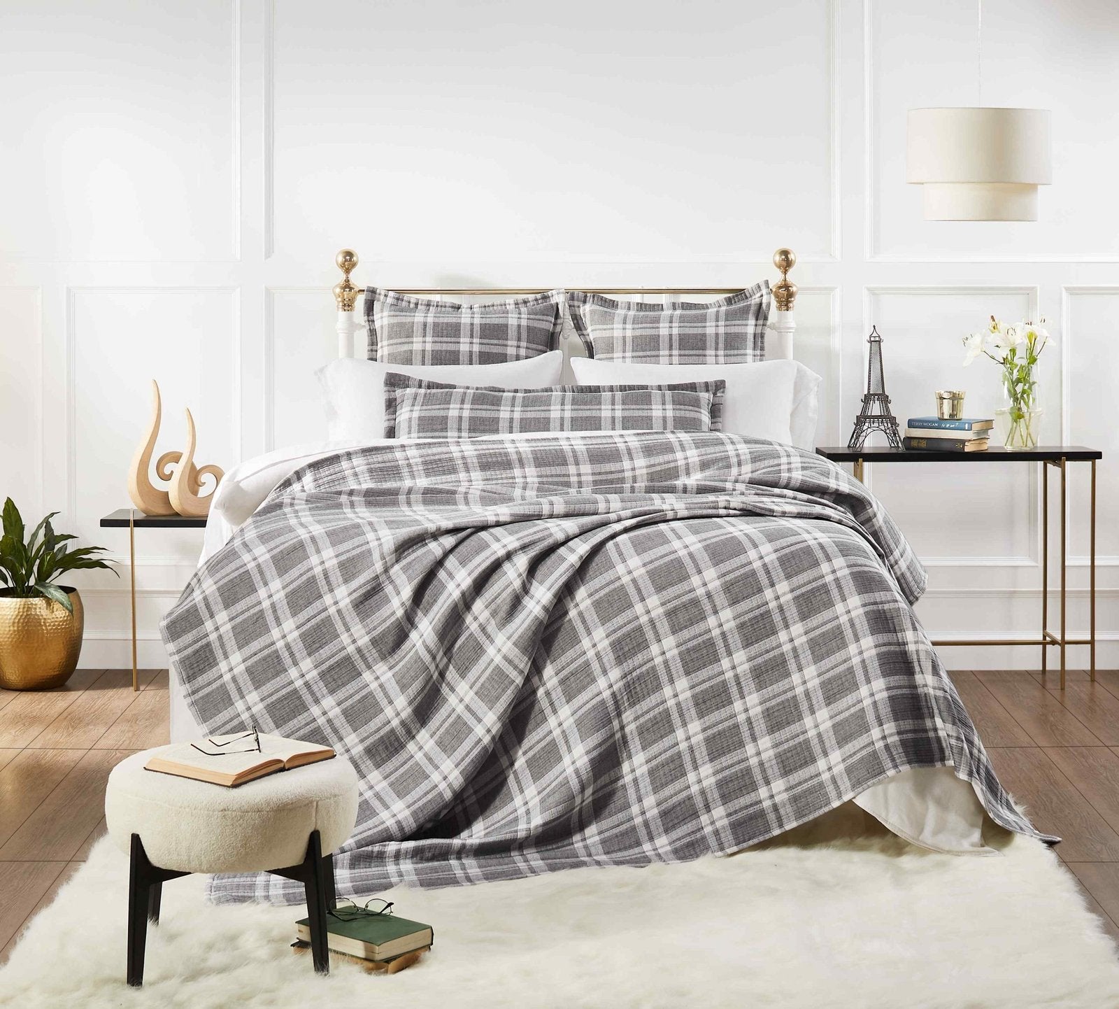 BT-116-X_1|Chic grey and white plaid quilt and matching coverlet set draped on a bed, ideal for a cozy, stylish bedroom look.