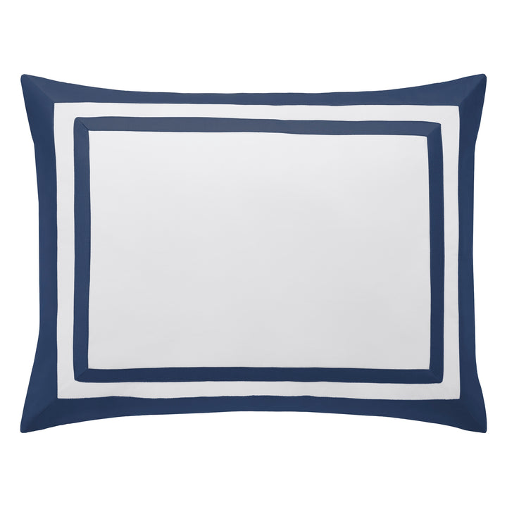 SS-069-2026_1|White duvet cover with elegant navy blue double border design. Luxurious, soft cotton bedding for a sophisticated bedroom aesthetic.