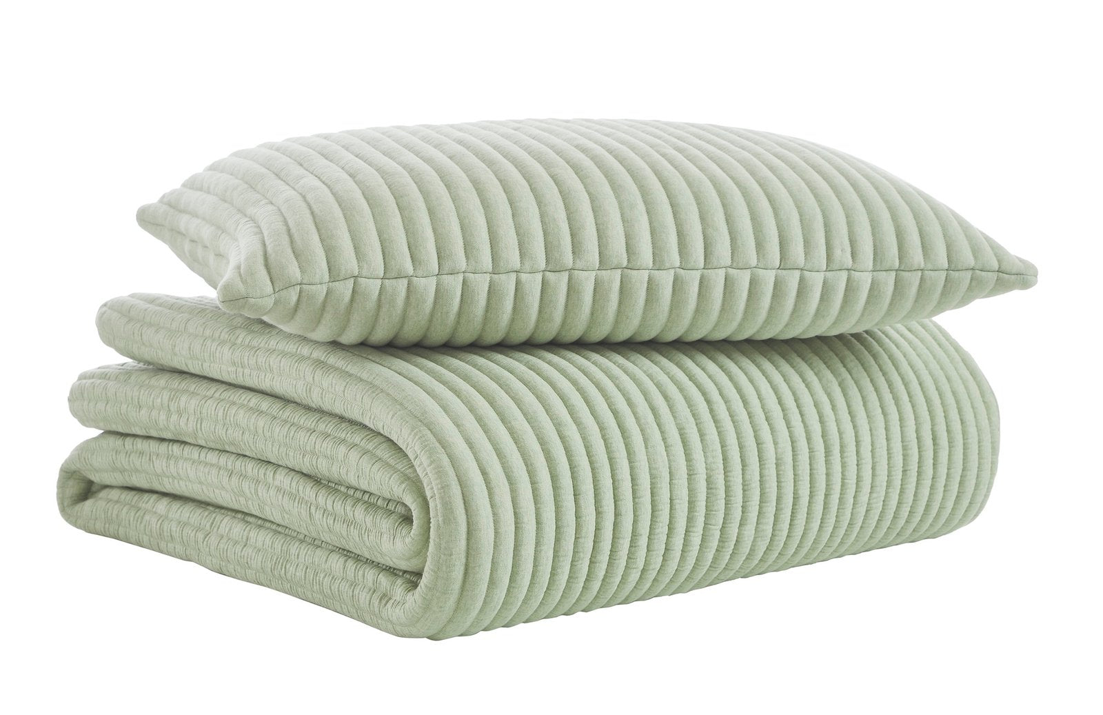 QT-370-9496_6|Folded sage green ribbed velvet quilt with matching pillow, soft luxurious texture, cozy stylish bedroom set.