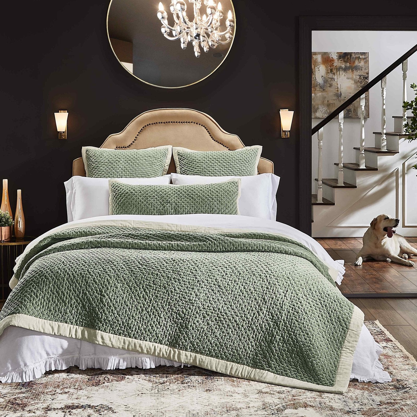 QT-328-X_2|Elegant dark bedroom featuring a sage green tufted cotton quilt and matching shams, creating a serene sleep space.