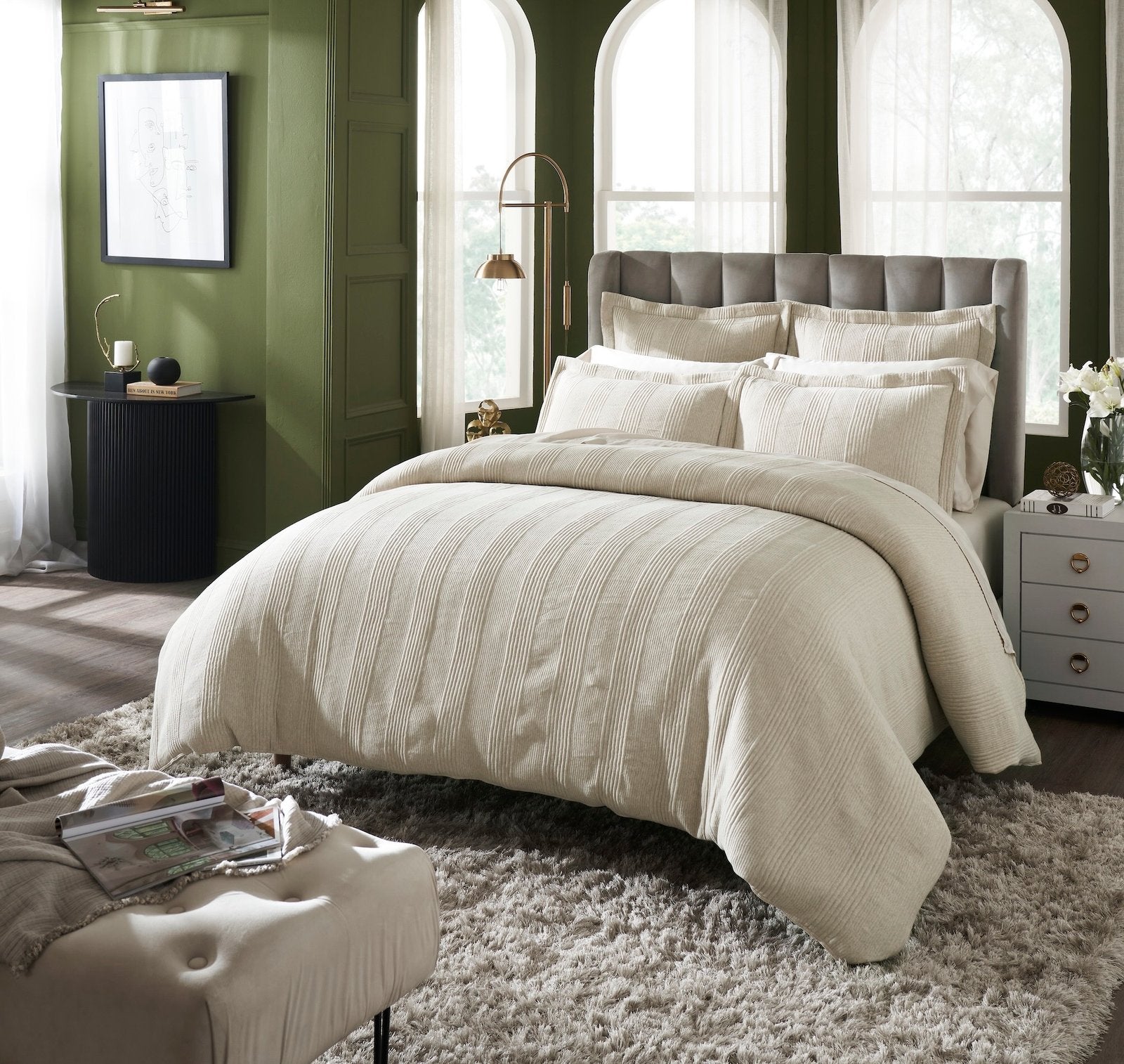 DT-040-9092_2|Stylish beige ribbed duvet cover set on a king bed, elegant neutral tones, enhancing a comfortable and inviting bedroom.