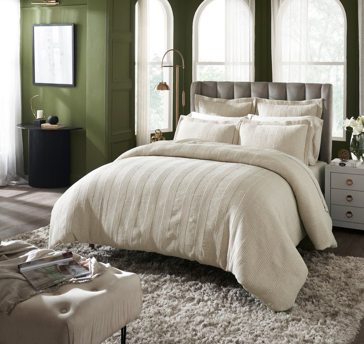 DT-040-9092_2|Stylish beige ribbed duvet cover set on a king bed, elegant neutral tones, enhancing a comfortable and inviting bedroom.