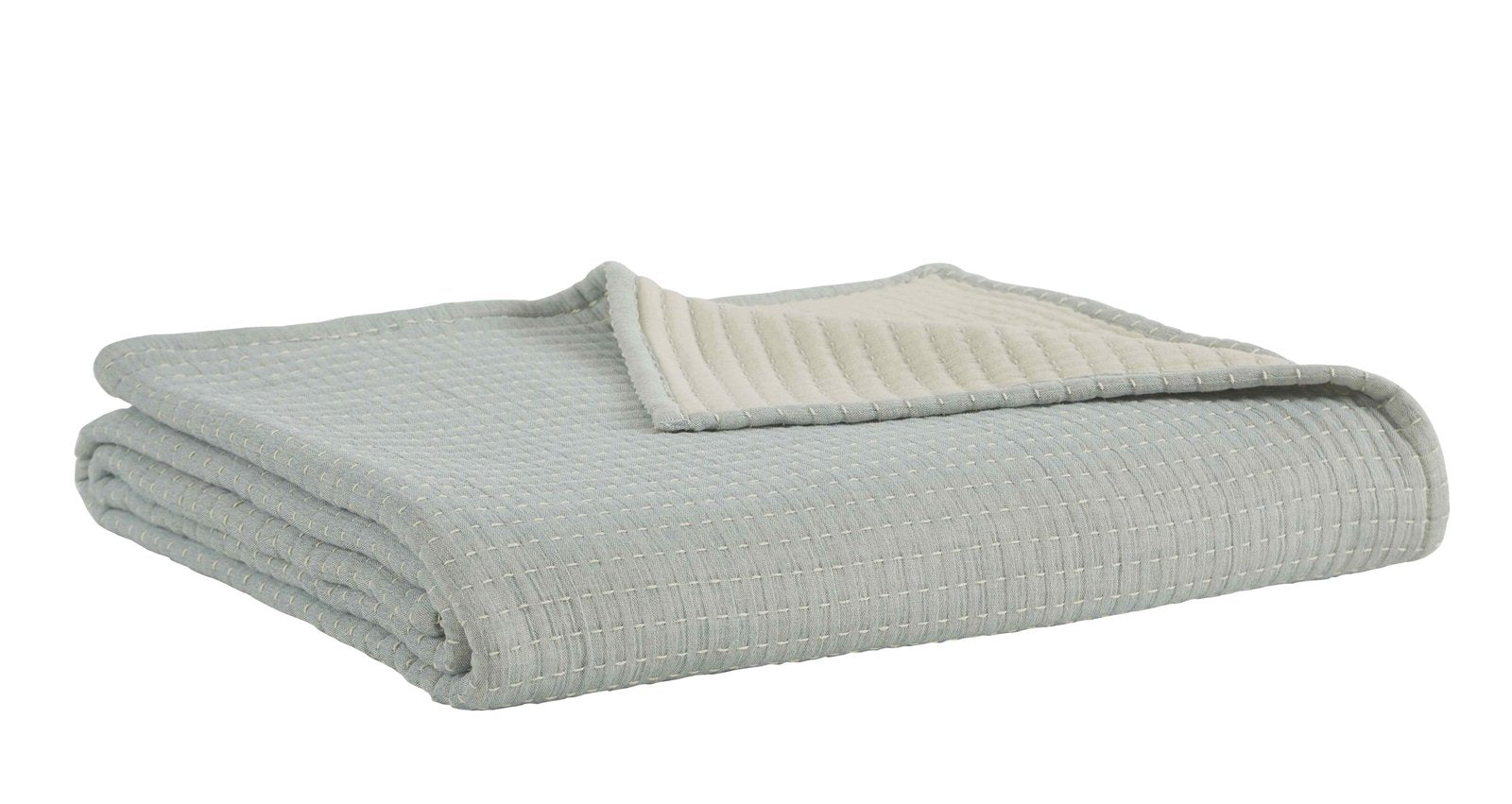 BT-106-11096_2|Folded sage green textured blanket, reversible with a soft lighter underside, perfect for adding warmth and style to any room.