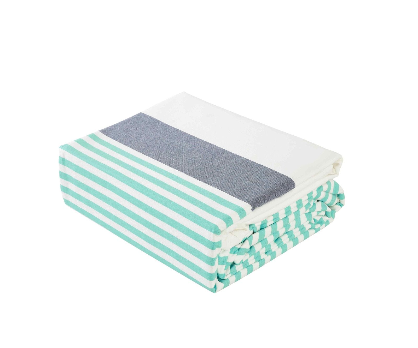 DT-001C-6588_2|Folded striped duvet cover set in light blue, white, and grey. Refreshing coastal-inspired bedding ensemble.