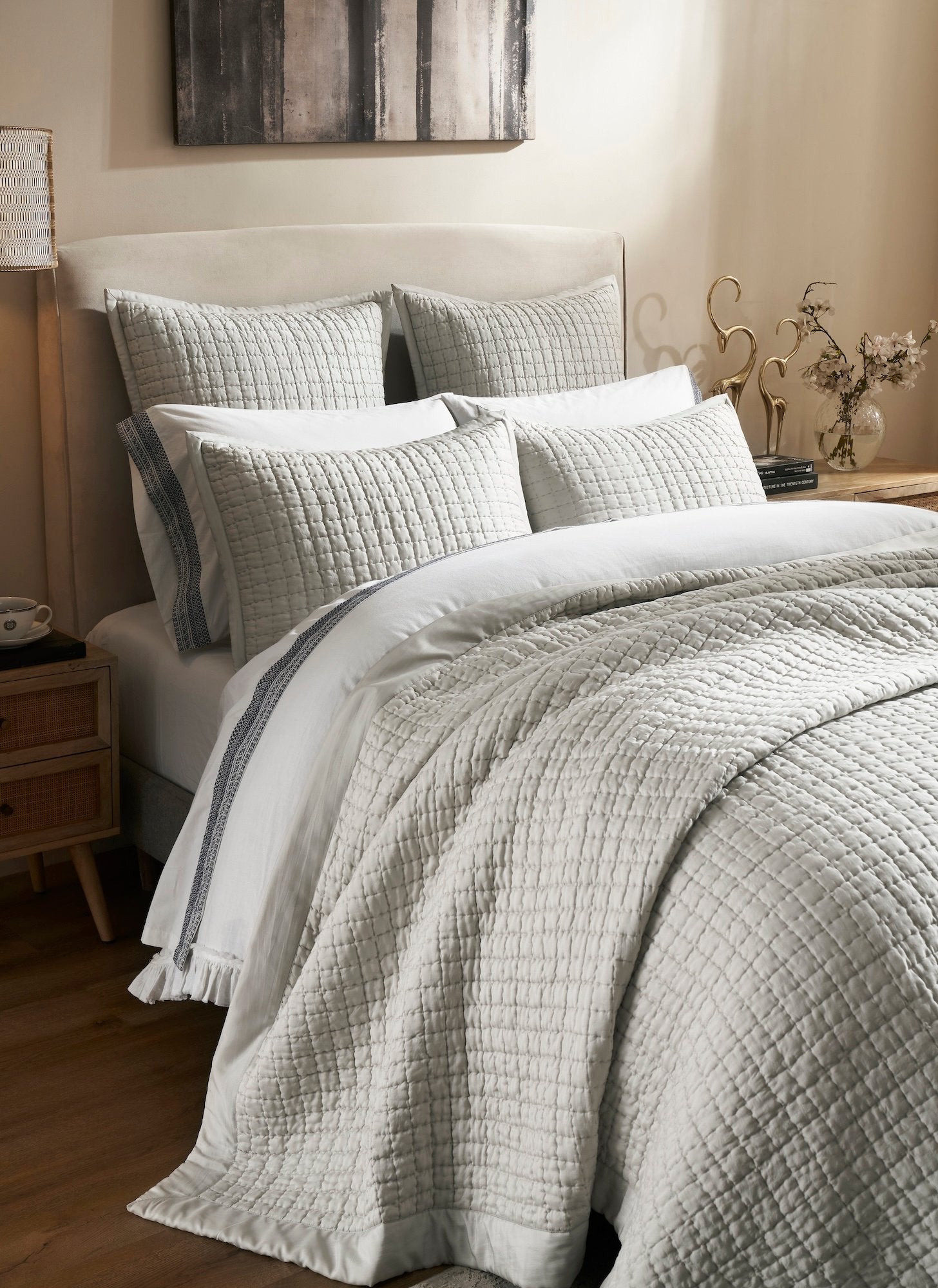 CL-198-9496_3|Close-up of a grey quilted coverlet with a detailed grid pattern on a bed. Perfect for elegant bedroom layering.