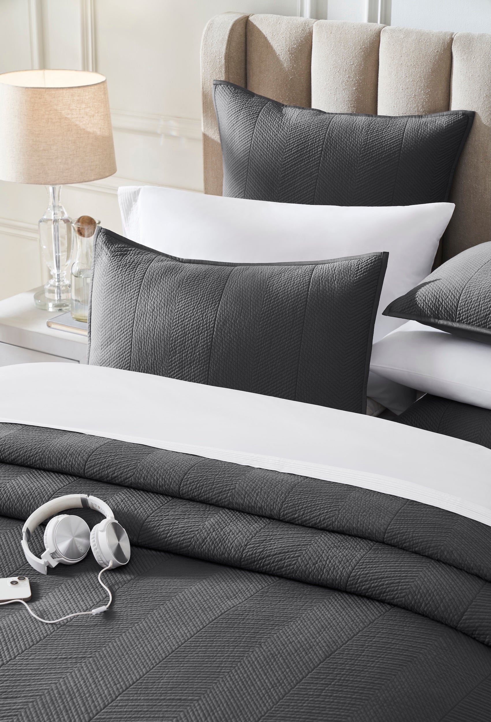 CL-263-9496_4|Dark grey chevron quilted coverlet for a cozy bed. Stylish, soft, and durable bedding for modern bedrooms.