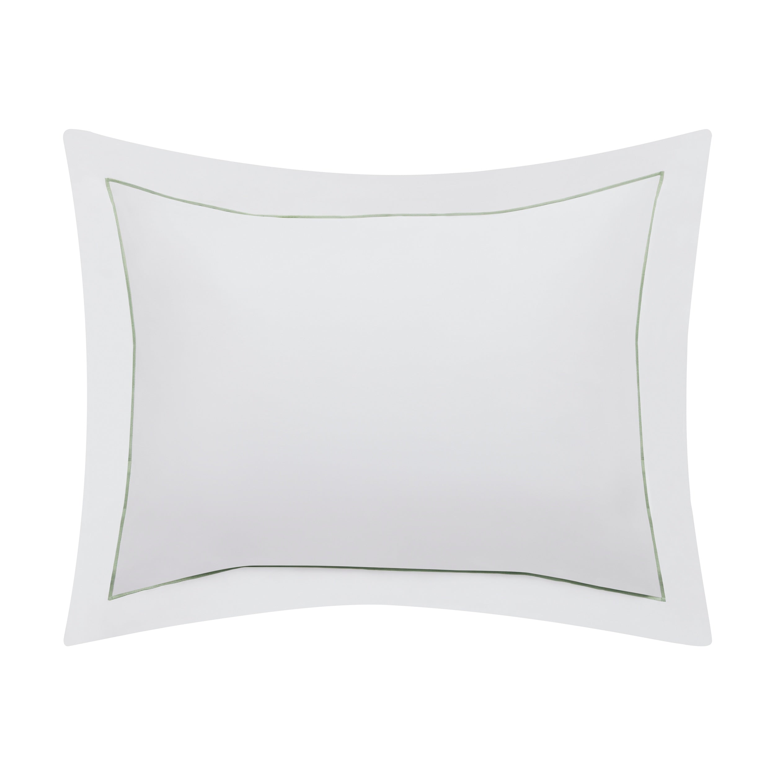 SS-057-2026_1|Fresh white cotton sateen pillow sham with elegant light green embroidered border, complementing natural duvet covers.