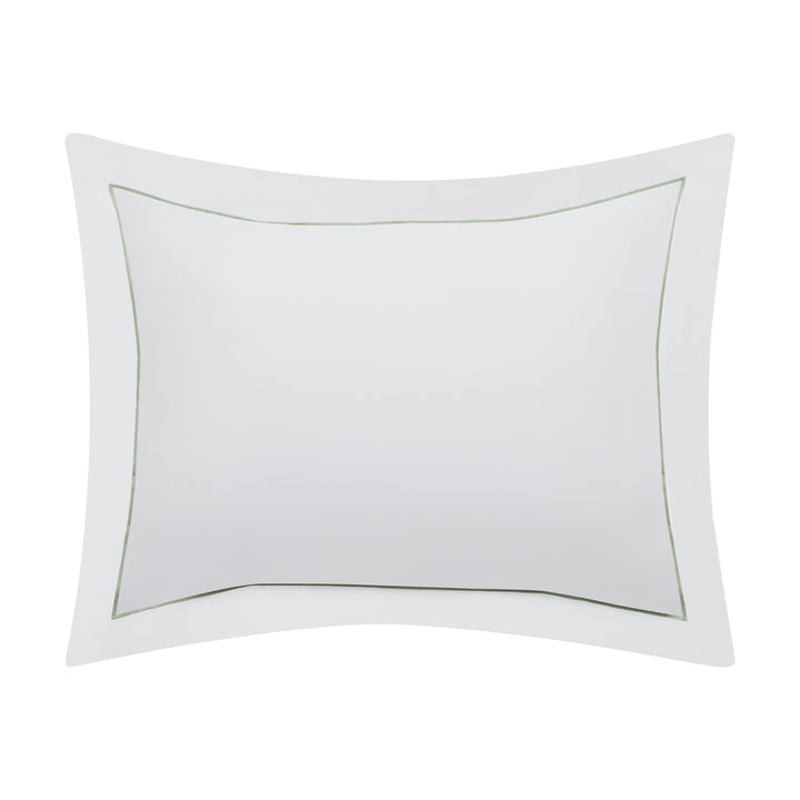 SS-057-2026_1|Fresh white cotton sateen pillow sham with elegant light green embroidered border, complementing natural duvet covers.