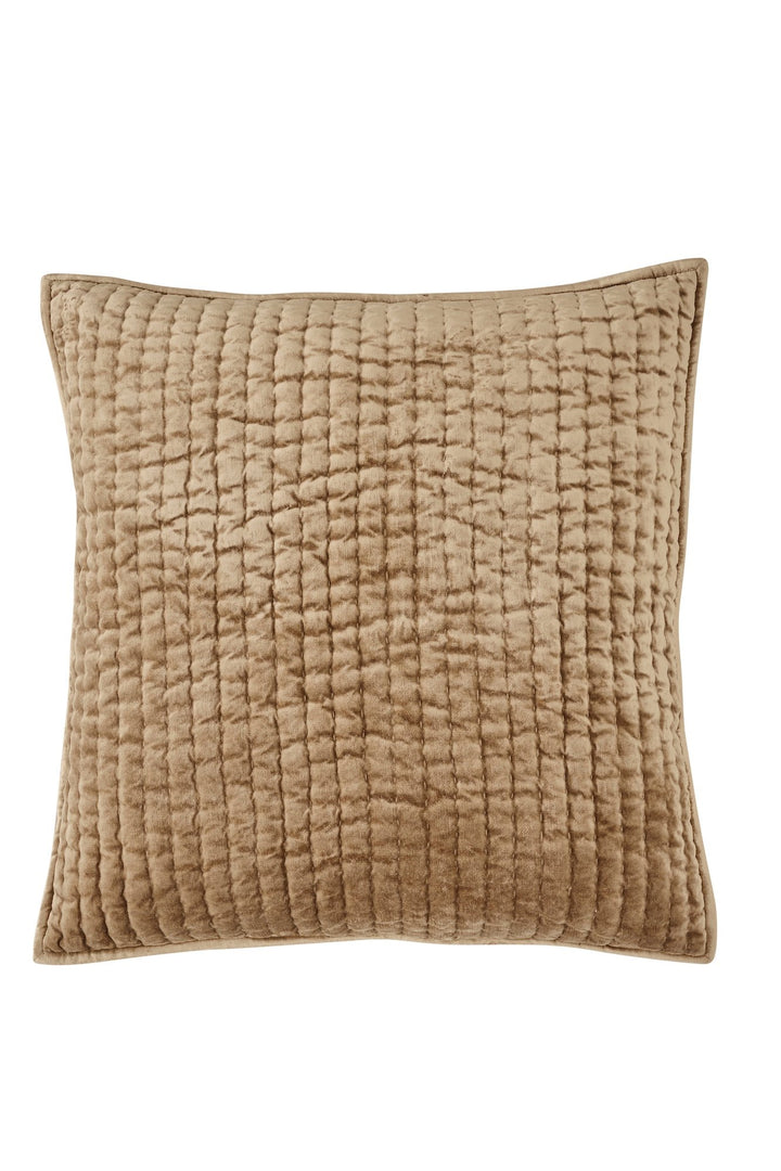 ES-362-2626-LOT1_1|Warm brown-gold quilted square pillow featuring a rich, textured rectangular pattern, enhancing cozy decor.