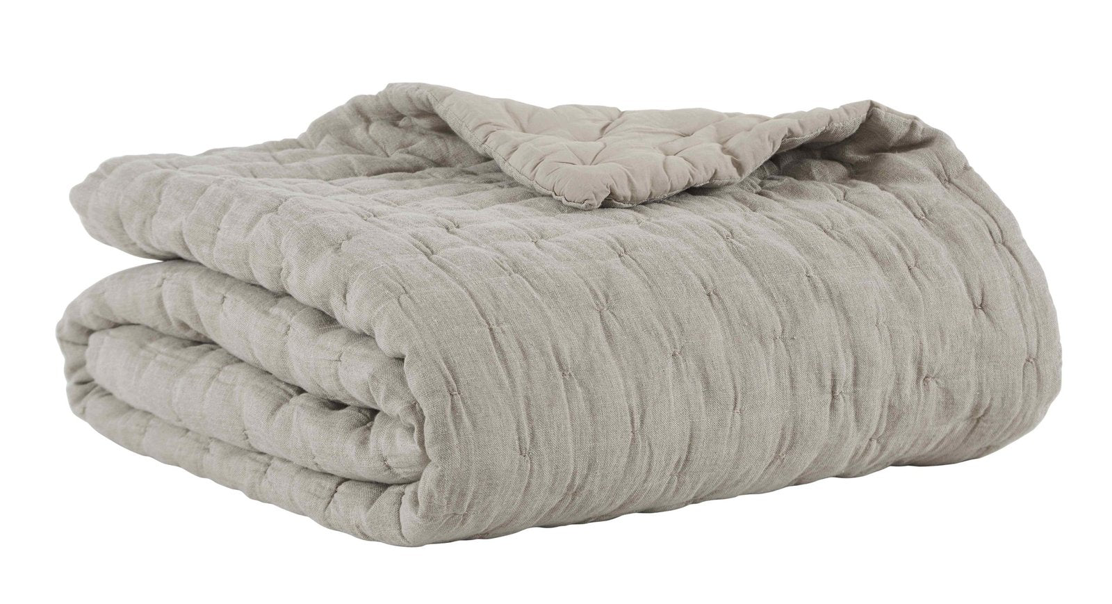 QT-320-9496_2|Folded light beige/grey quilted throw, ideal for adding warmth and texture to any bed or sofa. Soft, cozy, elegant.