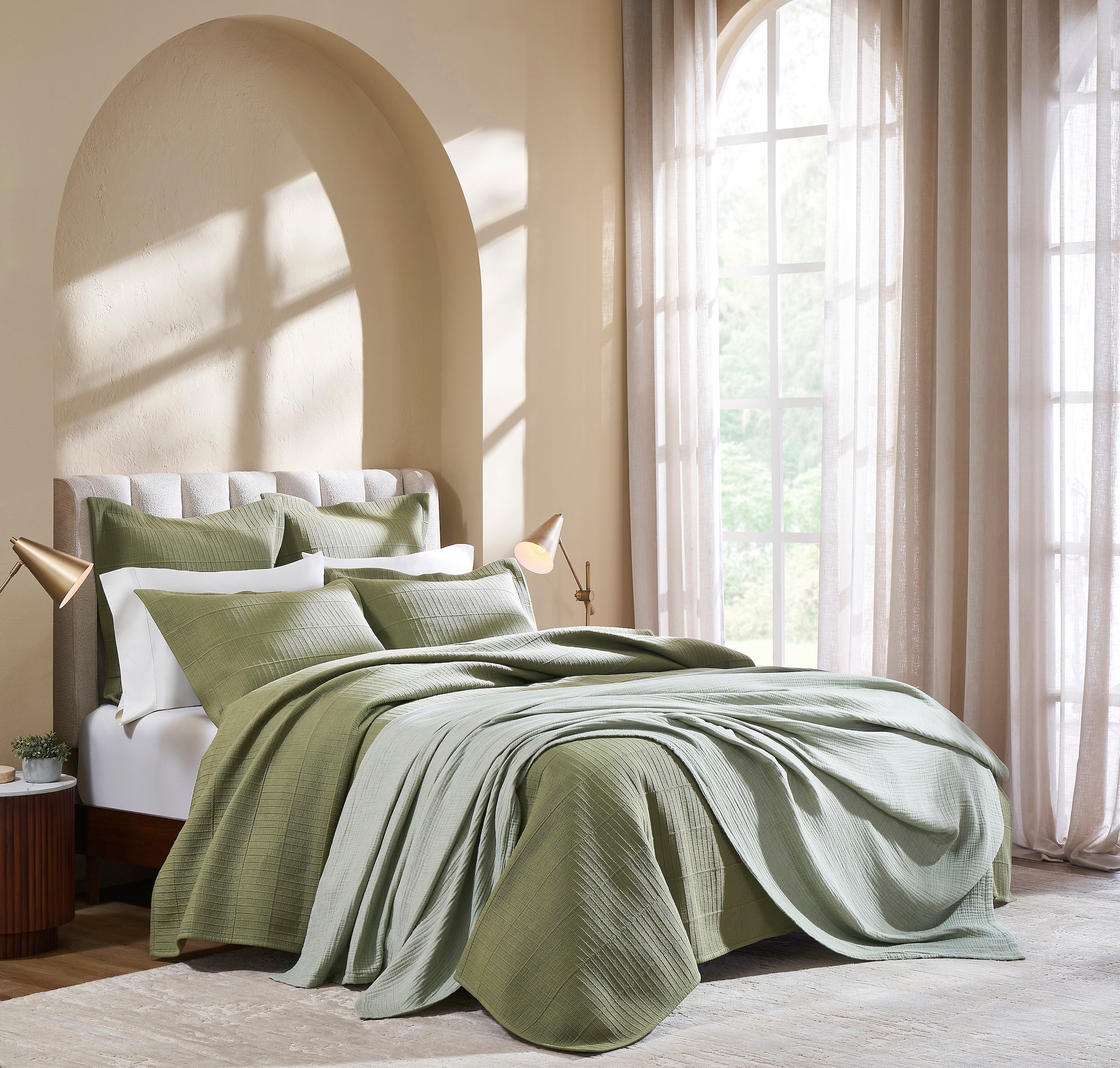 CL-270-11096_5|Stylish sage green textured coverlet on a bed. Lightweight, soft bedding for a cozy, inviting bedroom.