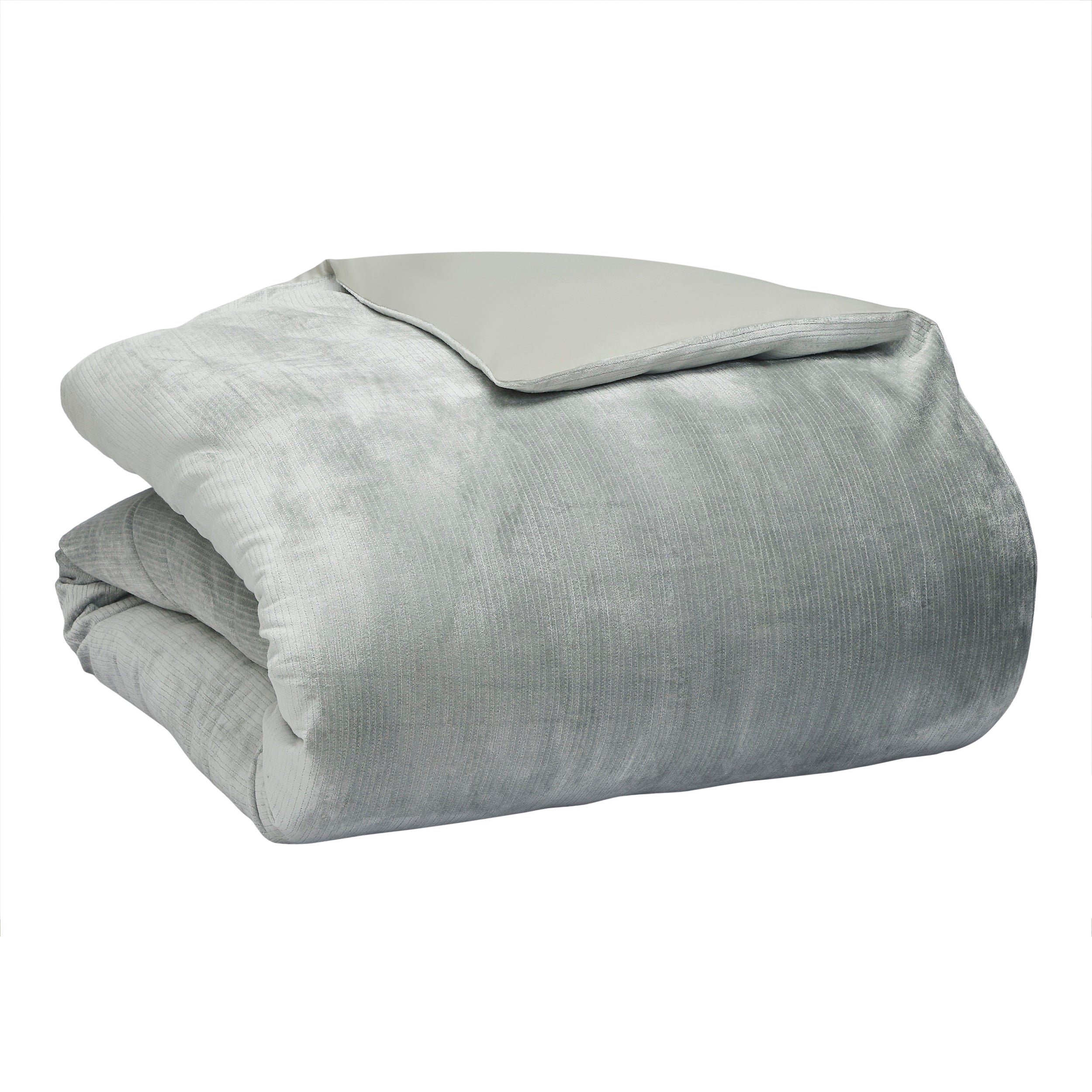 DT-054-10692_7|Reversible light green ribbed velvet duvet cover, folded to show solid backing; luxurious, soft, modern bedding.