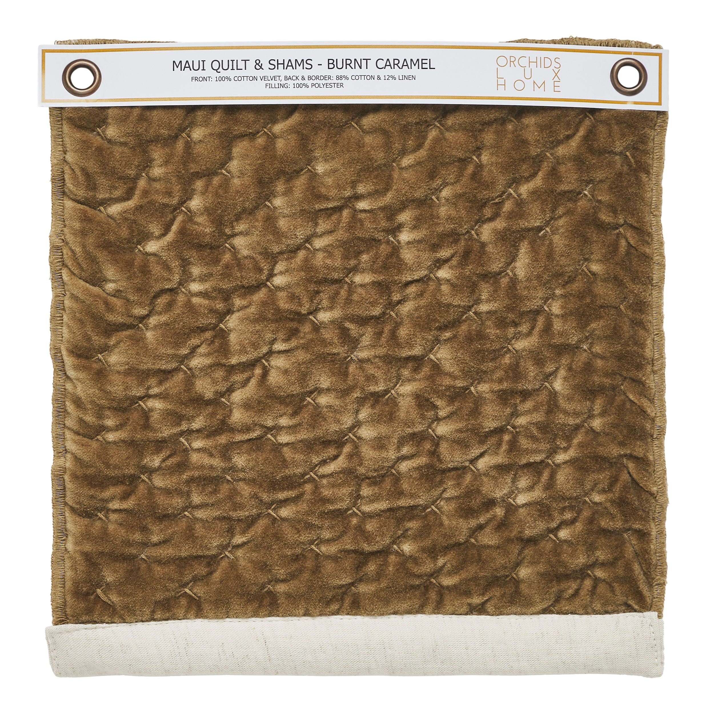 SWT-378-1010_1|Burnt caramel velvet quilt swatch with diamond tufted pattern. Rich cotton velvet and linen blend for cozy bedding.