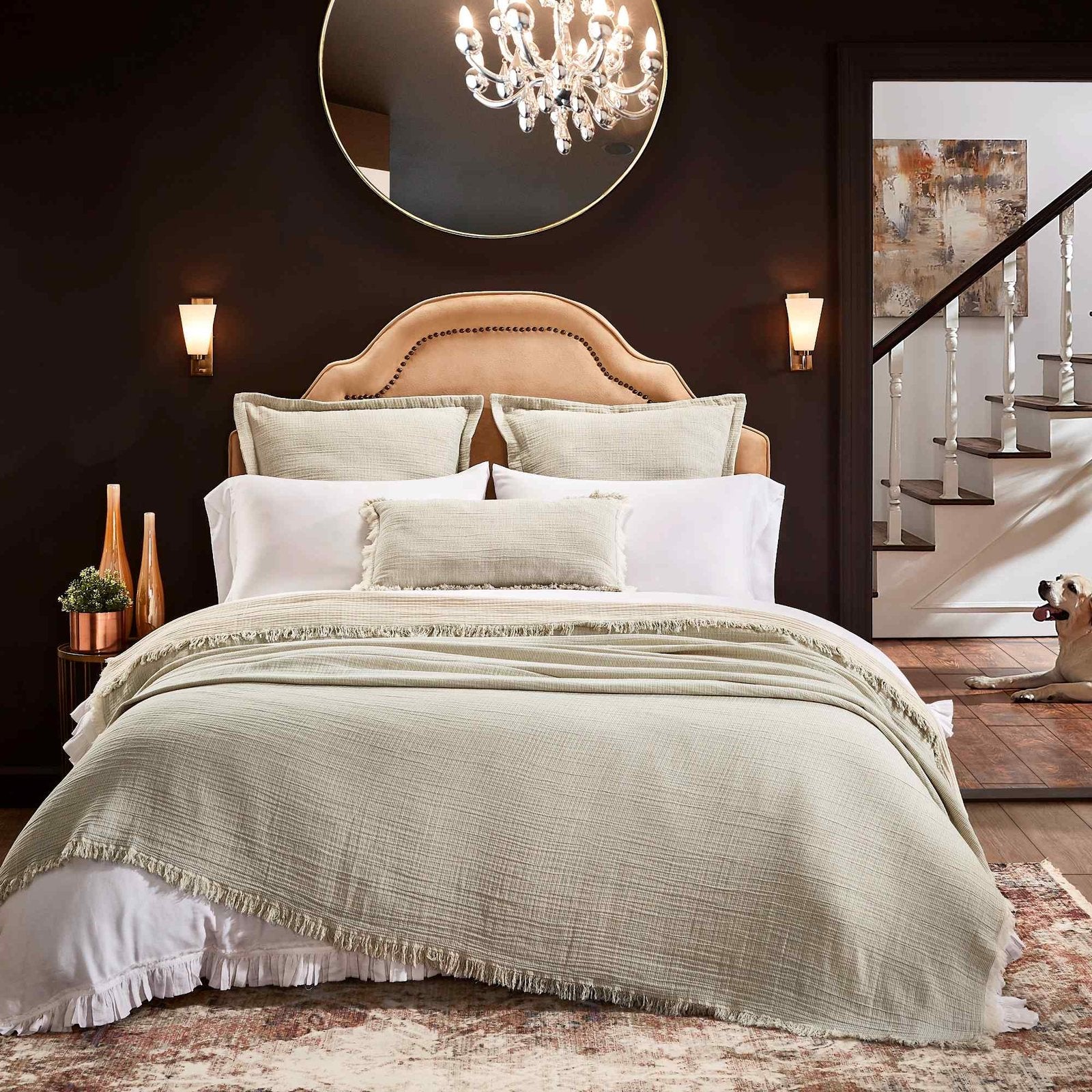 BT-111-9496_1|Rustic sage green textured bedspread with fringed edges, layered over crisp white bedding for a cozy, inviting bedroom.