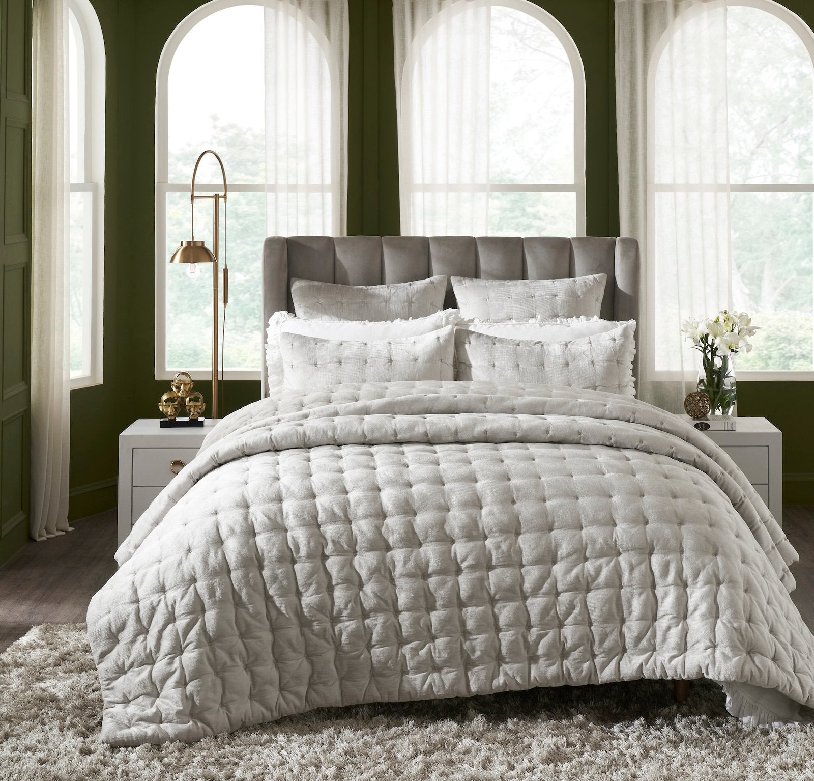 QT-306-11096_1|Stylish light grey geometric quilted bedding ensemble. Modern textured pattern creates a sophisticated and cozy bed.