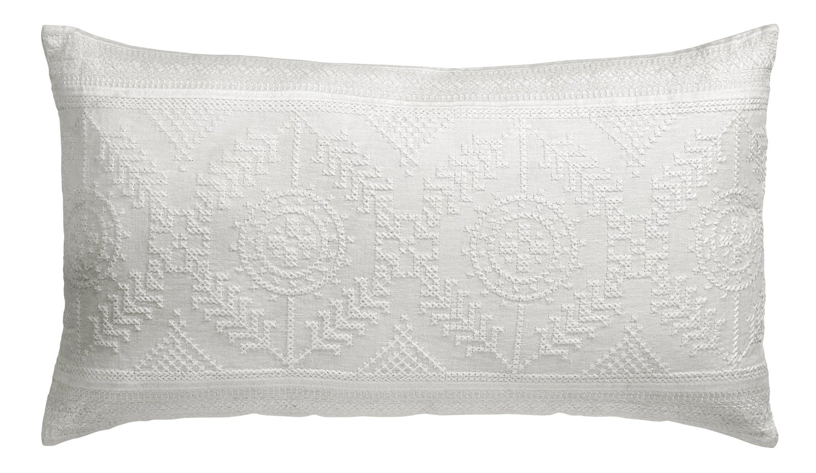DP-1349-1426_1|Elegant white rectangular decorative pillow with intricate folk-inspired embroidery. Perfect accent for sophisticated bedding.