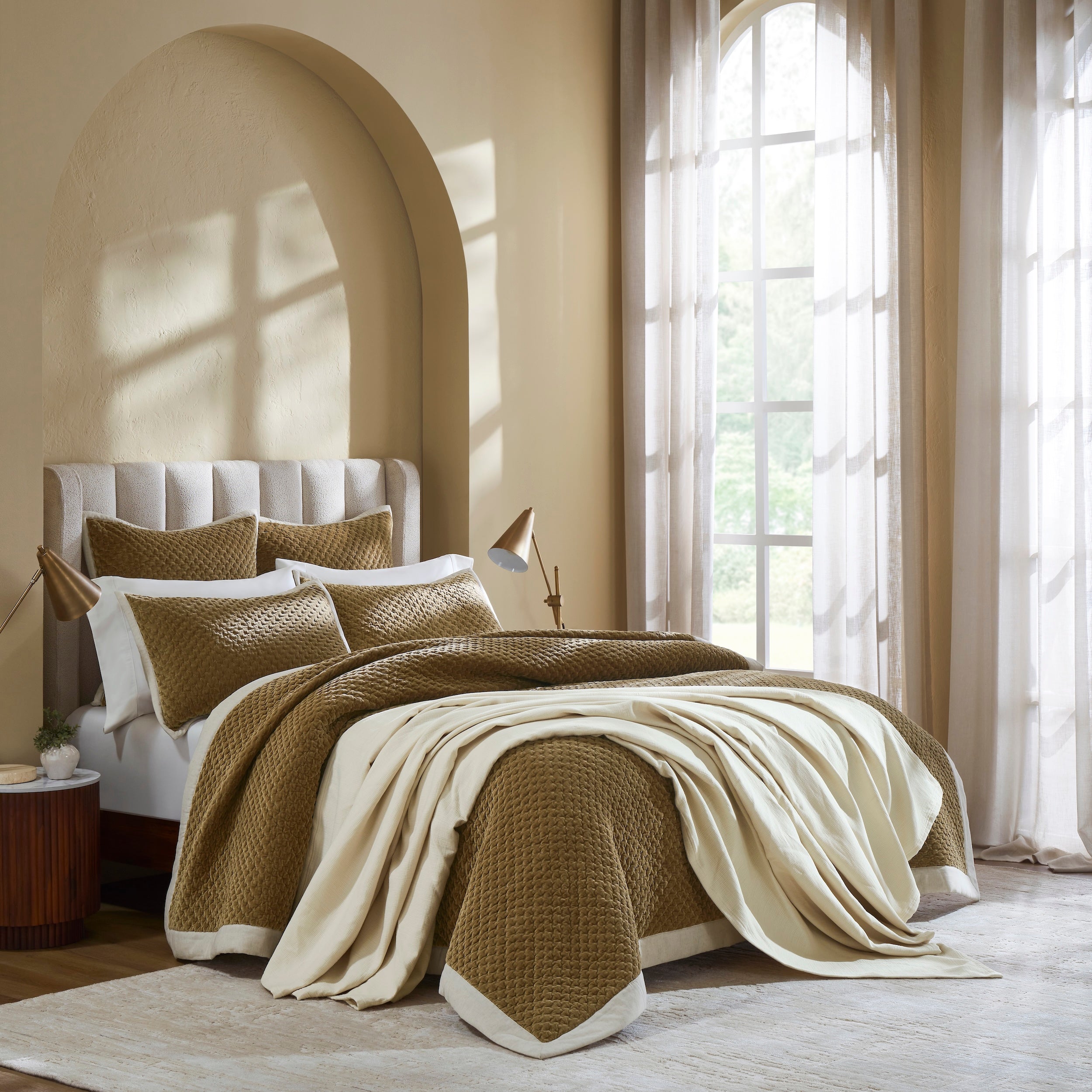 QT-378-9496_2|Elegant gold textured quilt with matching shams and a coordinating throw blanket on a queen bed. Luxurious bedroom decor.