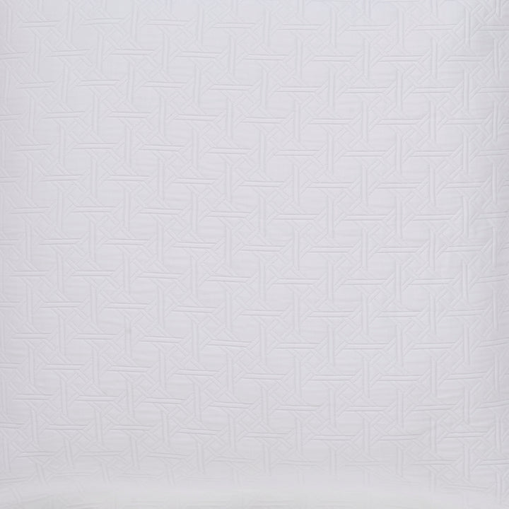 CL-175-9496_2|Detailed close-up of a luxurious white quilted coverlet, featuring an intricate geometric basketweave pattern.