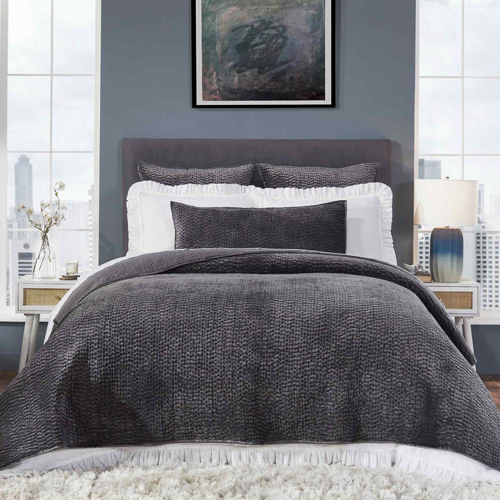 CL-184-9496_1|Luxurious dark gray textured coverlet gracing a contemporary bed, enhancing bedroom decor with rich color.
