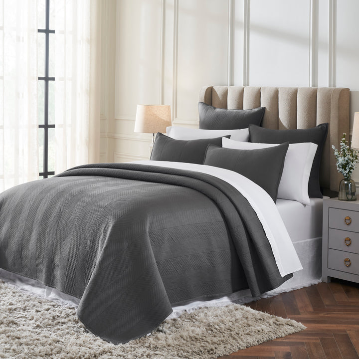 CL-263-9496_2|Dark grey chevron quilted coverlet for a cozy bed. Stylish, soft, and durable bedding for modern bedrooms.