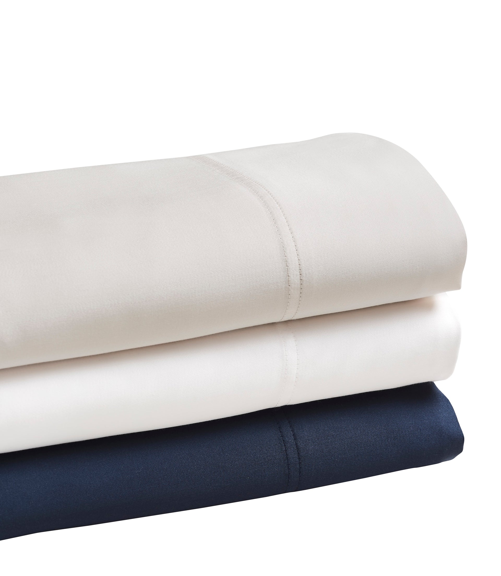 QSS-509-X_2|Stack of three folded 100% Lyocell sheet sets: pale beige, white, and navy, each with a sateen weave.