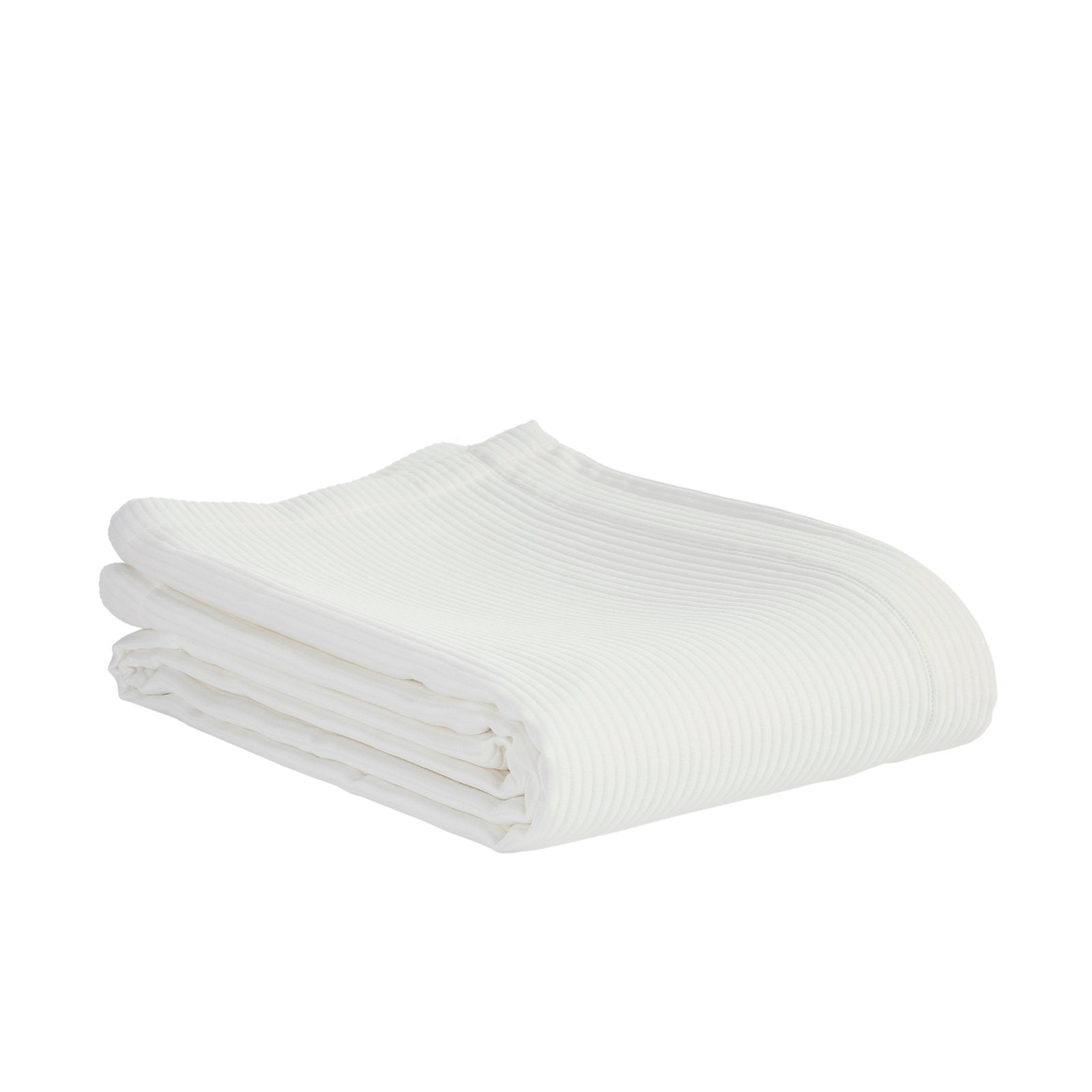 CL-192-11096_6|Simple yet elegant white striped coverlet, neatly folded to showcase its clean lines and appealing textile for bedding.