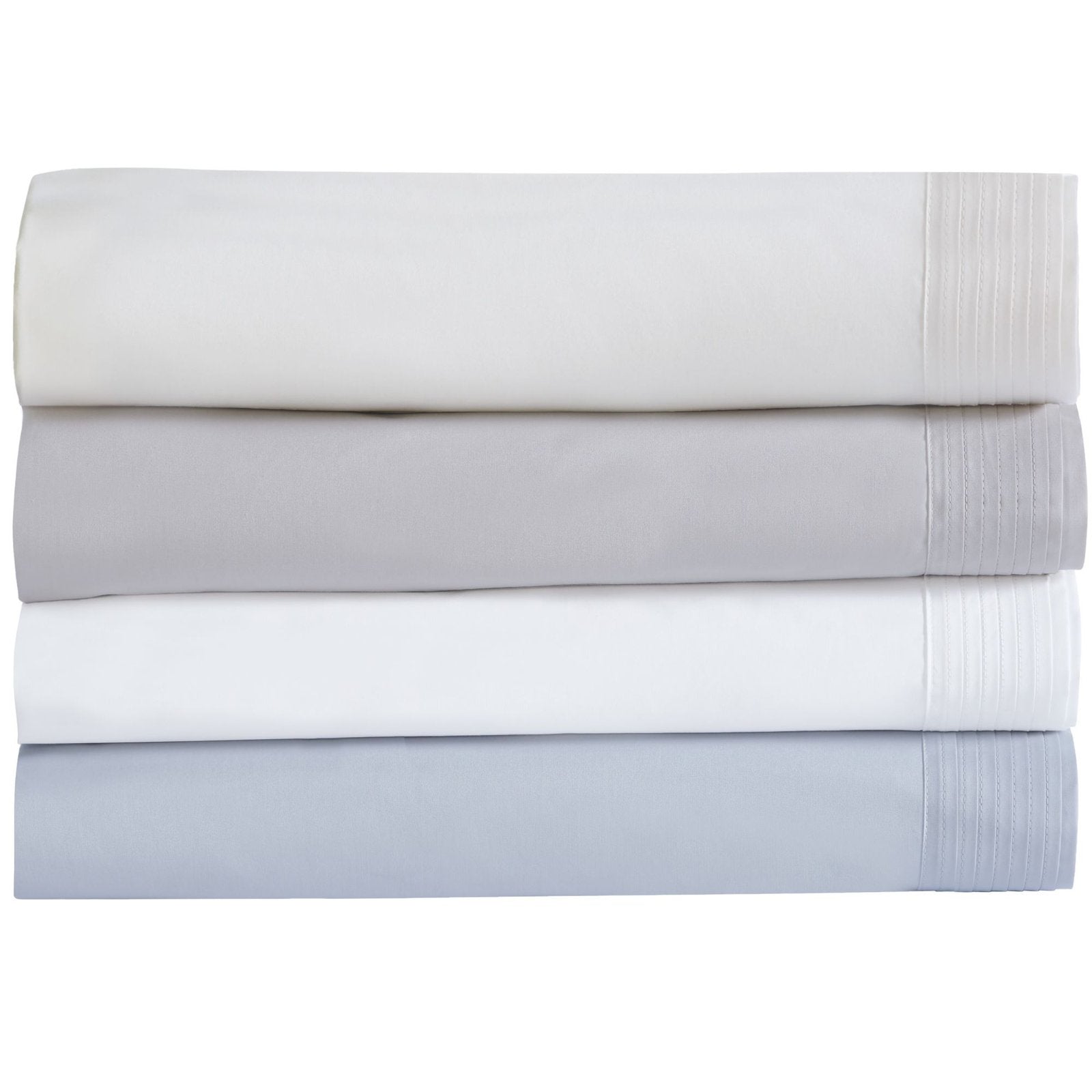 CSS-521-7284_5|Stack of four luxurious 100% cotton sheet sets in various neutral shades, all featuring elegant pintuck pleats.