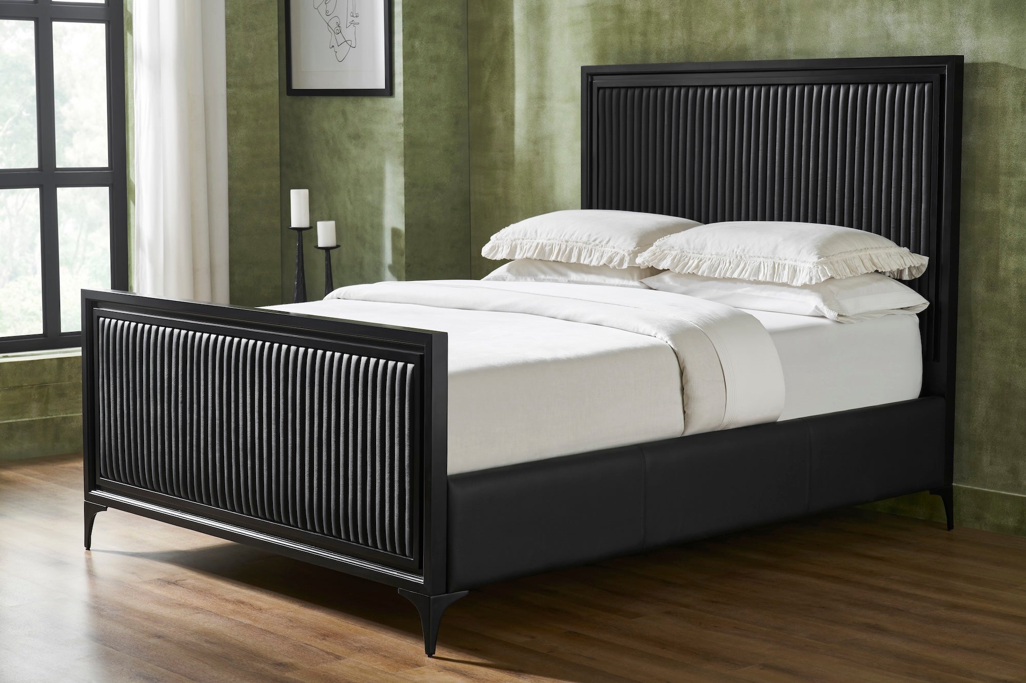 FN-5210-6080_1|Black channel tufted leather bed with black wooden frame, elegant bedroom furniture for modern luxury spaces.