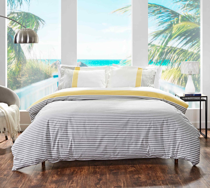 DT-001A-9092_1|Stylish striped grey and white duvet cover set with a bright yellow accent, ideal for a cheerful tropical bedroom decor.