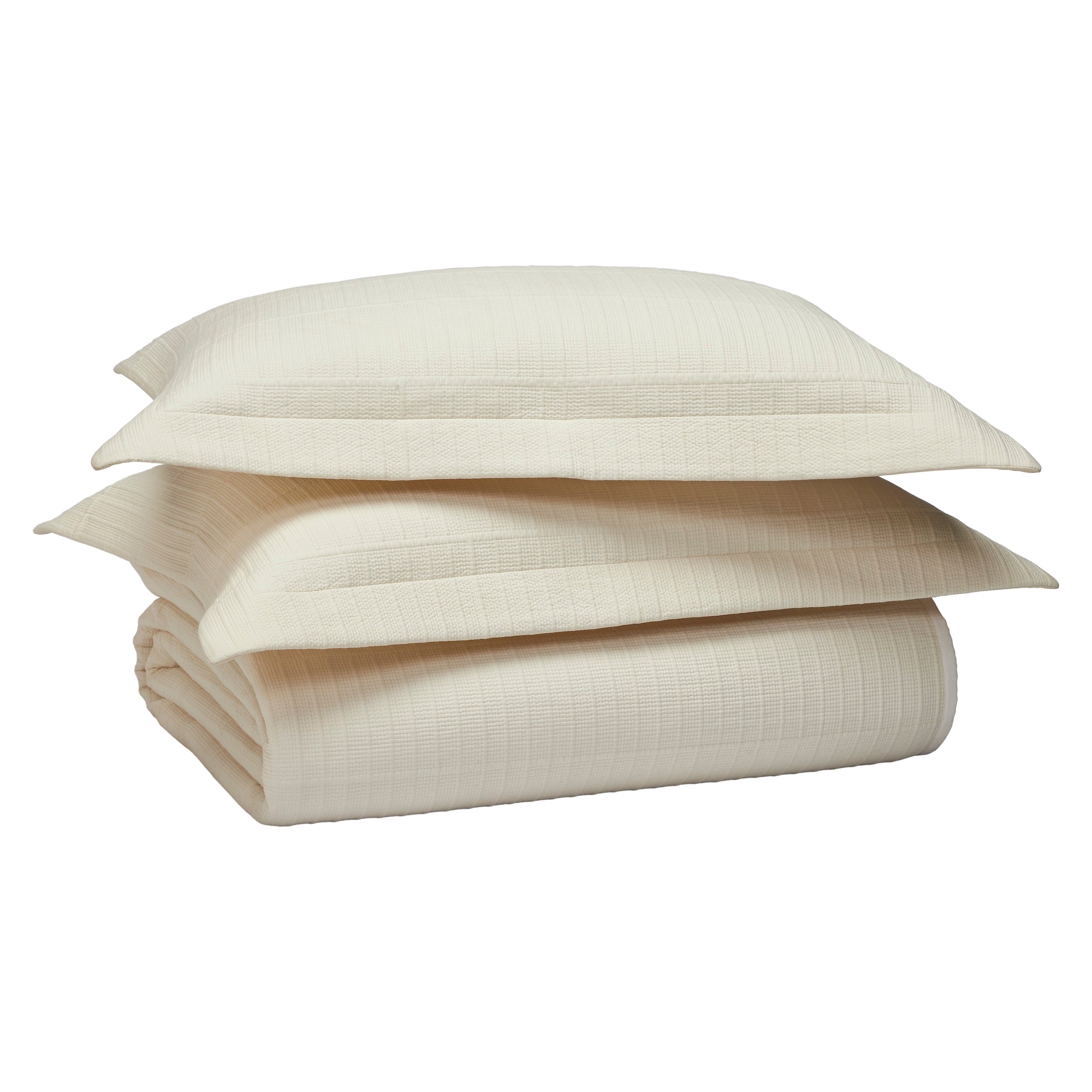KS-271-2036_4|Off-white textured woven coverlet and two matching pillows, stacked neatly. Perfect for elegant bedroom decor and comfort.