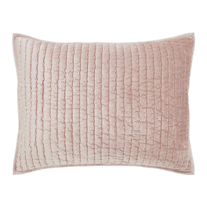 SS-354-2026_1|Blush pink velvet quilted bed sham, luxurious feel with soft vertical stripe pattern. Adds elegant texture to bedroom decor.