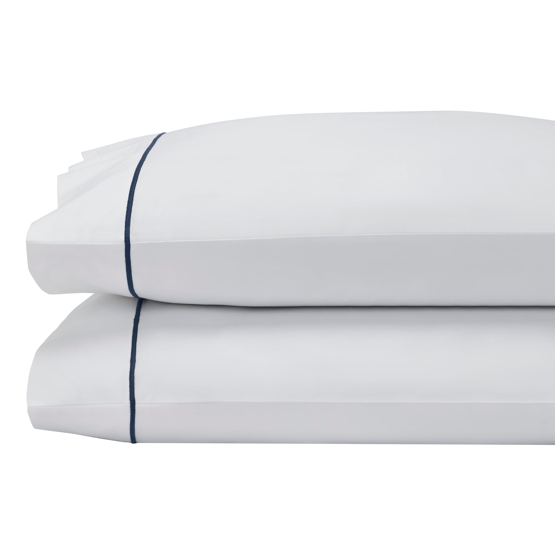 ASP-549-X_1|Two stacked white 100% cotton pillowcases. Each pillowcase features a single navy blue piped decorative border.