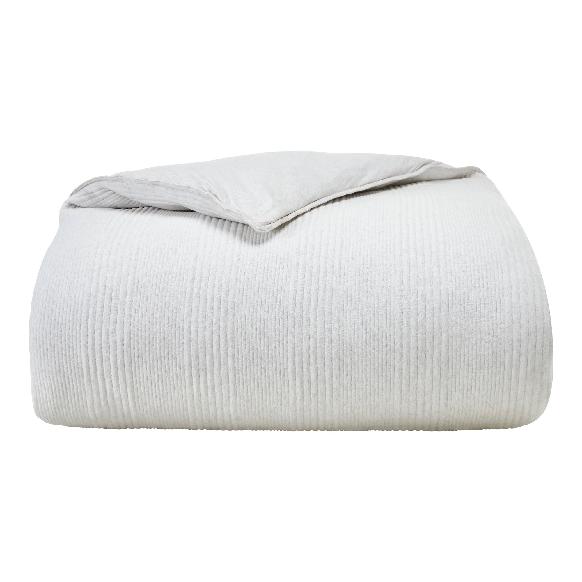 DT-043-10692_6|Folded light grey ribbed duvet cover with a corner draped, showcasing the textured, soft, luxurious bedding material.