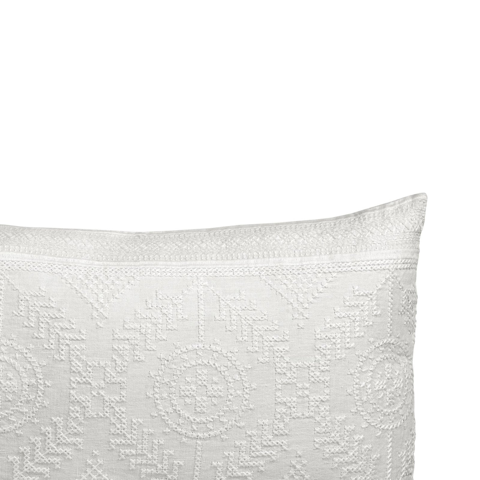 DP-1349-1426_2|Detailed view of an elegant white embroidered rectangular pillow, showcasing intricate patterns. A luxurious bedding accent.