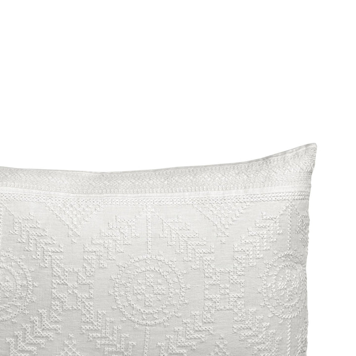 DP-1349-1426_2|Detailed view of an elegant white embroidered rectangular pillow, showcasing intricate patterns. A luxurious bedding accent.