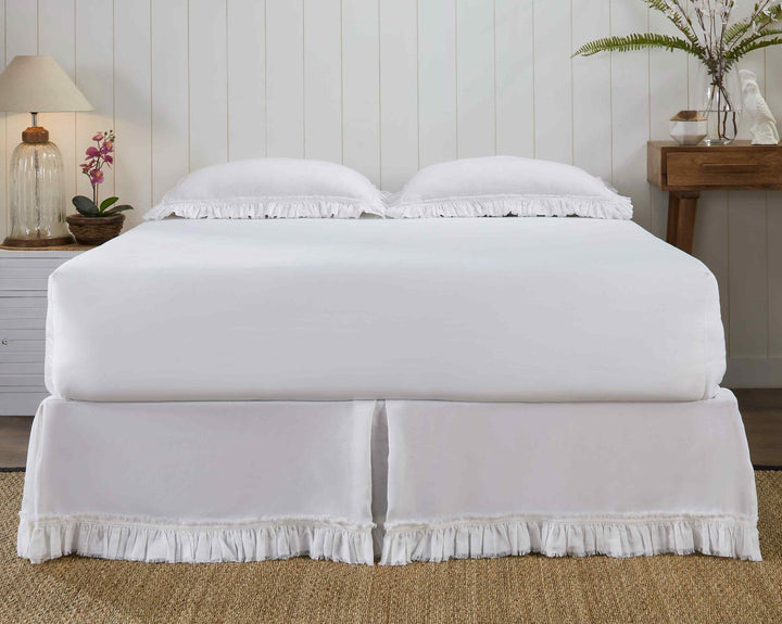 BS-103-7880_2|Elegant white linen panel bed skirt with frayed ruffle detail. Conceals mattress base for a clean, stylish look.