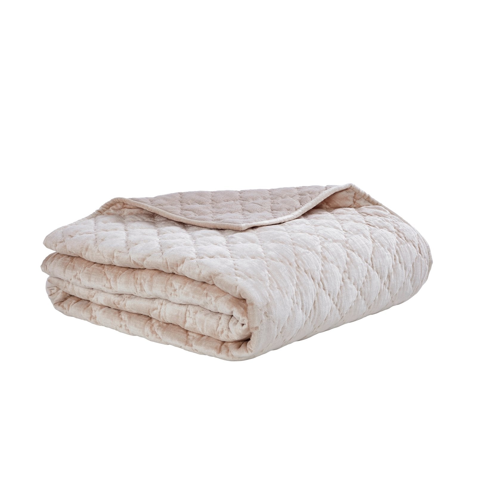 QT-342-11096_3|Plush blush pink quilt with a charming diamond texture, folded, providing cozy warmth and a chic look for bed.