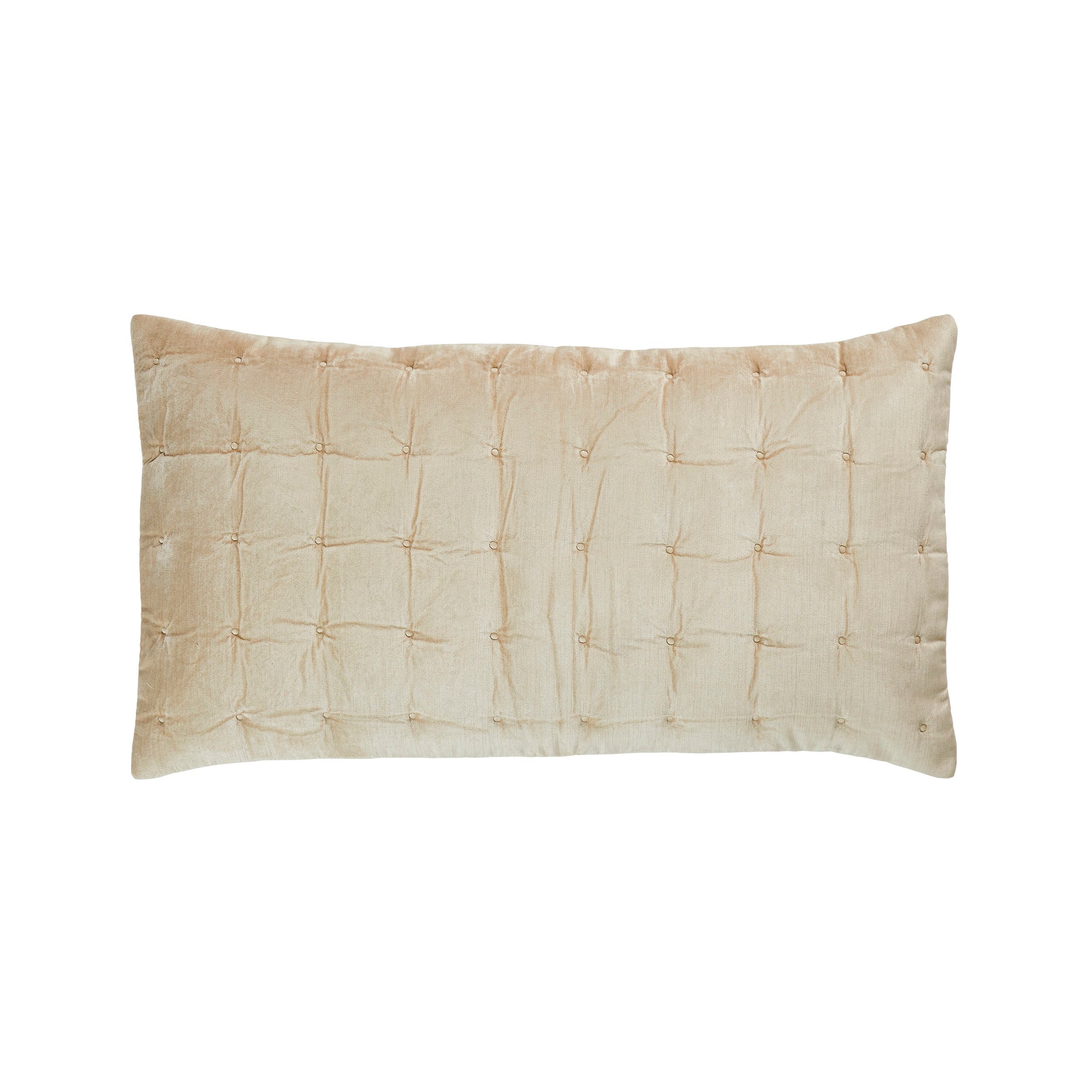 SS-314-2026-LOT1_1|Elegant quilted velvet lumbar pillow in a soft champagne beige. Plush texture and intricate stitching for serene bedroom styling.
