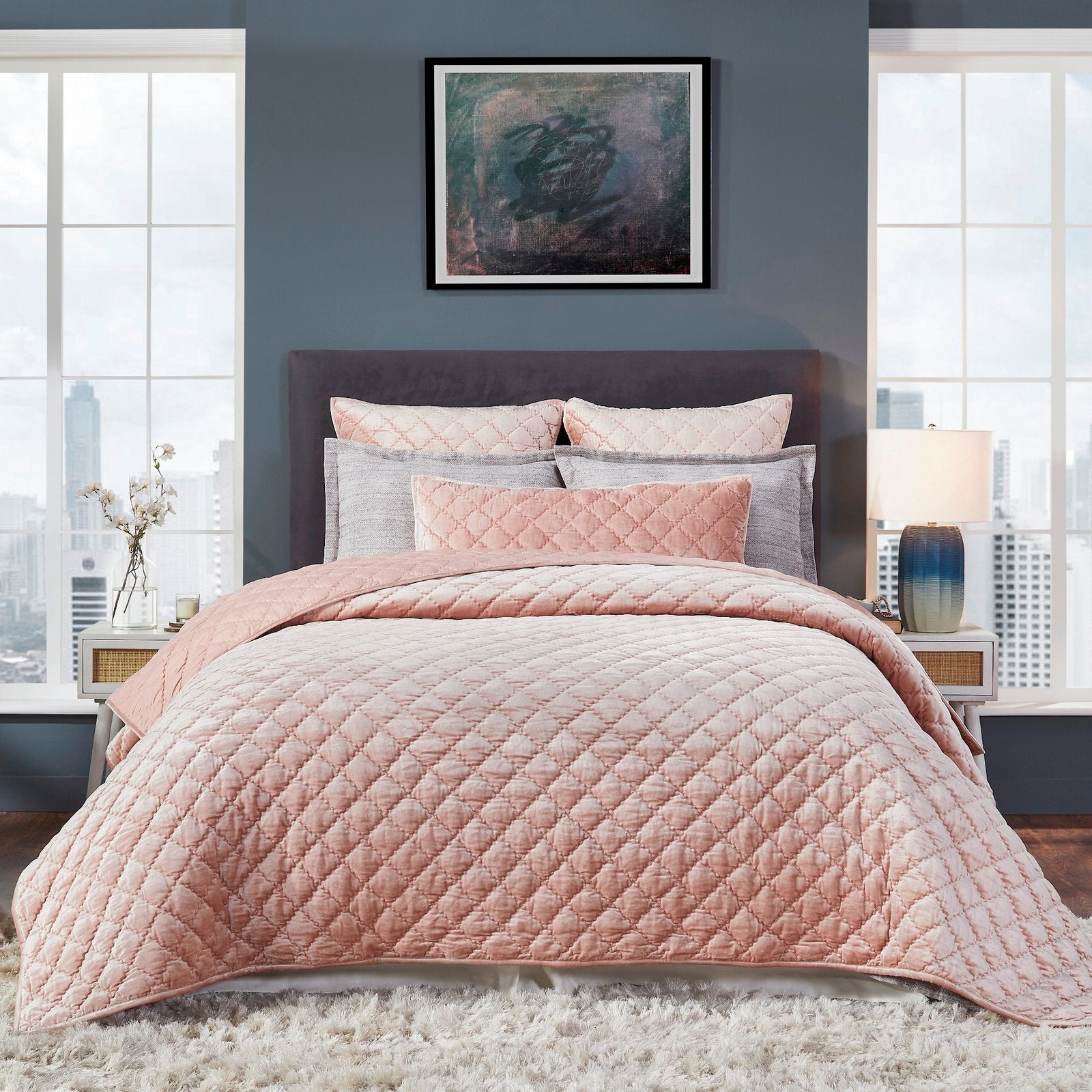 QT-355-9496_1|Luxurious blush pink velvet quilt with elegant diamond quilting for a cozy, stylish bedroom setup. Soft and plush texture.