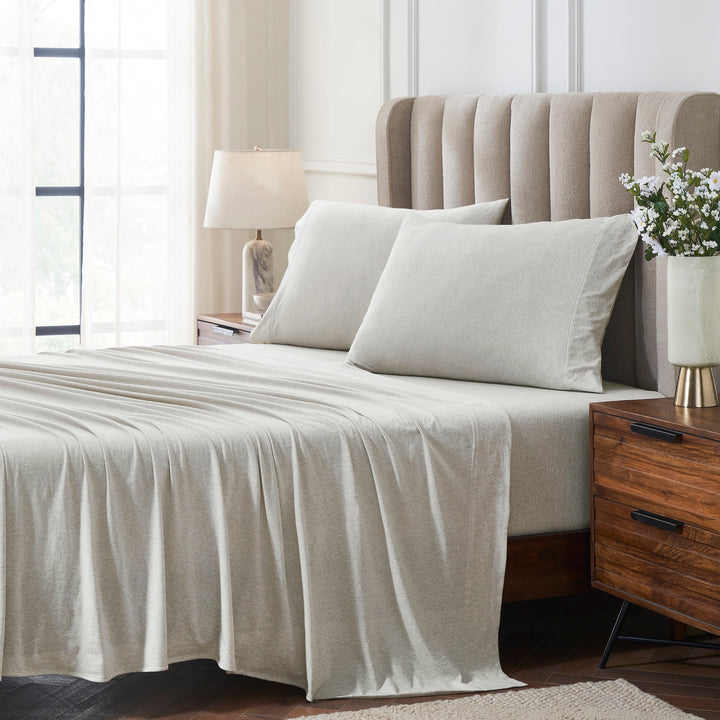 CSS-526-7284_1|Cozy light beige melange 100% cotton sheet set, soft breathable bedding for a comfortable and inviting bedroom.