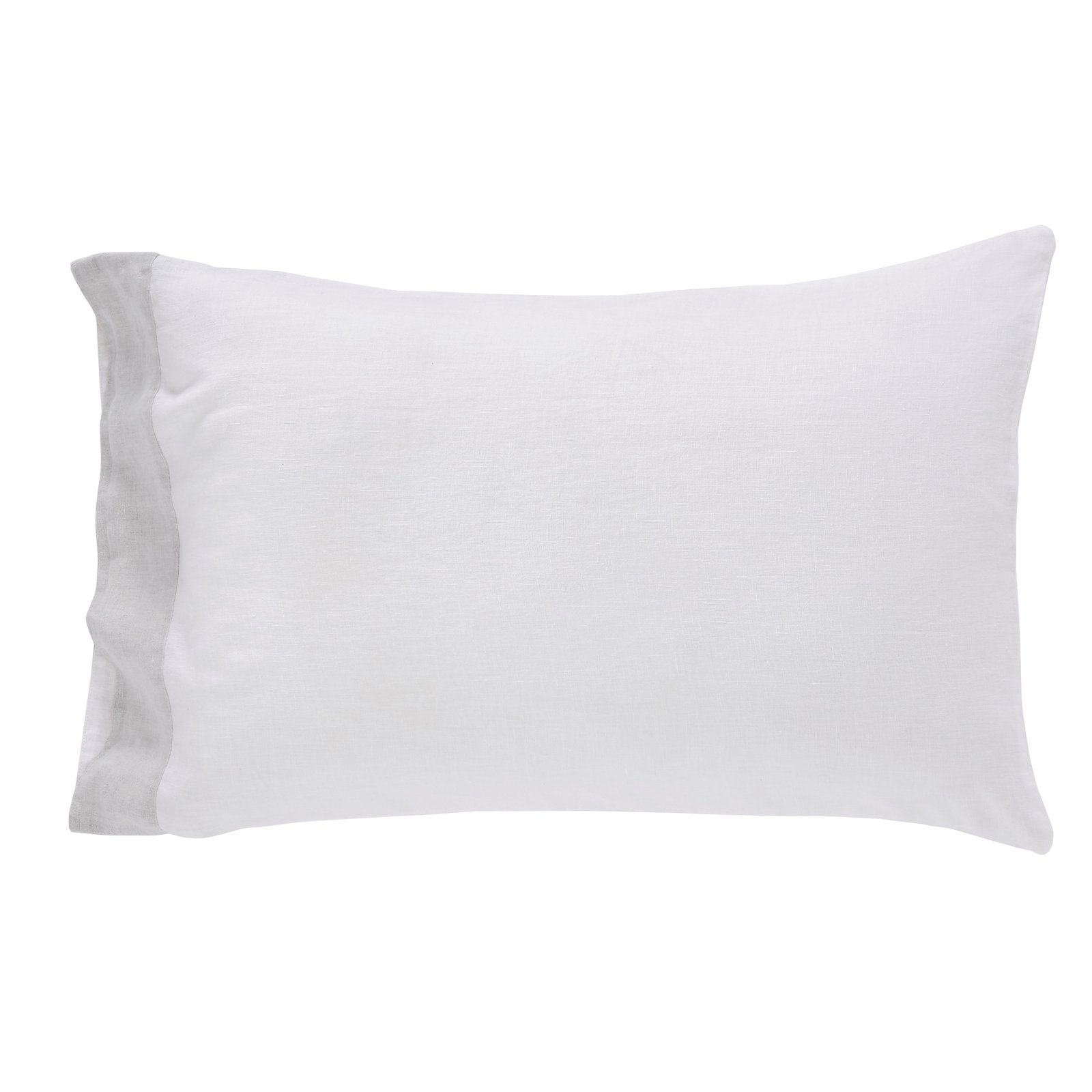 AKP-518-2040_1|White 100% linen pillowcase with elegant grey border. Natural, soft, breathable bedding for a relaxed feel.