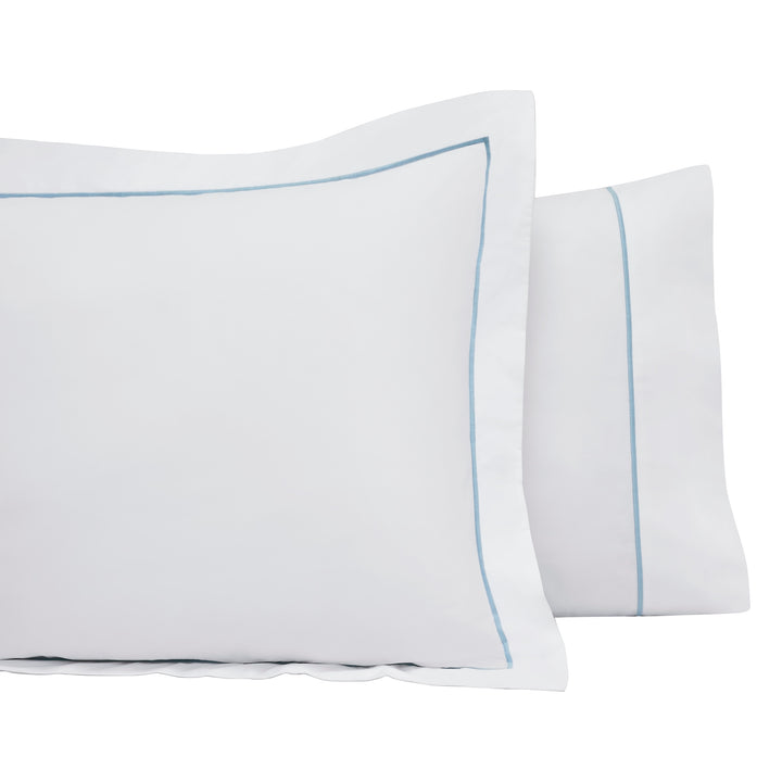 AKP-530-2040_3|Pair of soft 100% cotton pillowcases with elegant light blue borders, breathable, luxurious hotel-quality bedding.