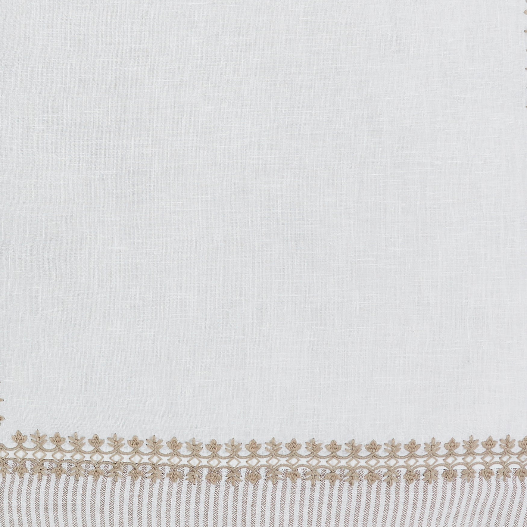 SWT-031-7.8_1|White linen-blend fabric with delicate taupe scalloped embroidery and striped border, elegant and timeless home textile.