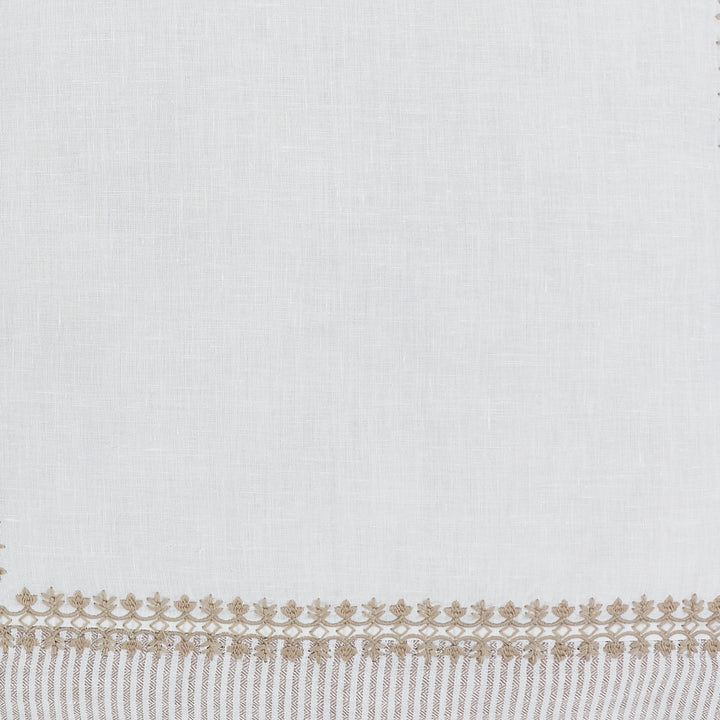 SWT-031-7.8_1|White linen-blend fabric with delicate taupe scalloped embroidery and striped border, elegant and timeless home textile.