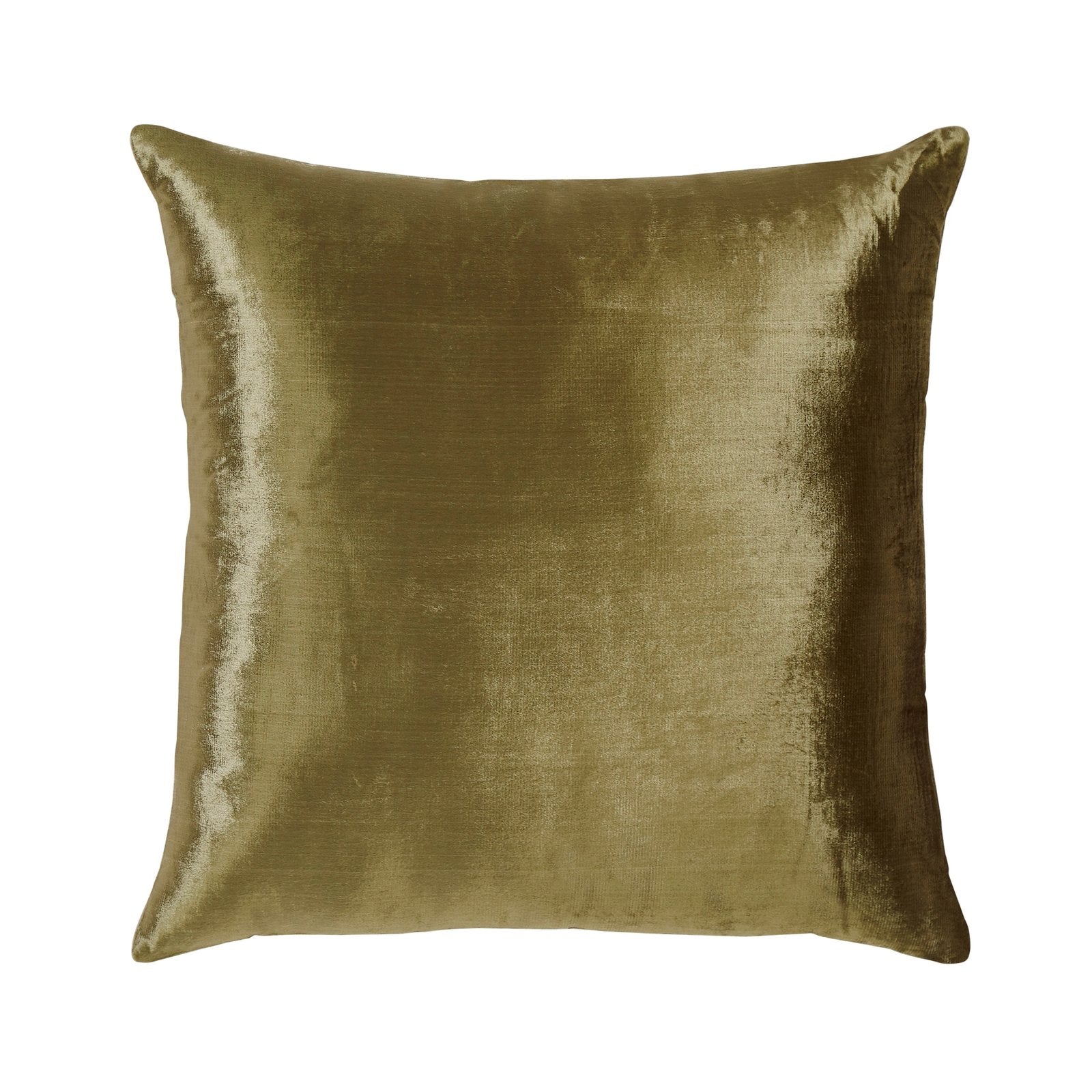 DP-1355-X_1|Square olive green decorative pillow with a shimmering, smooth fabric texture, offering a rich, elegant appearance.