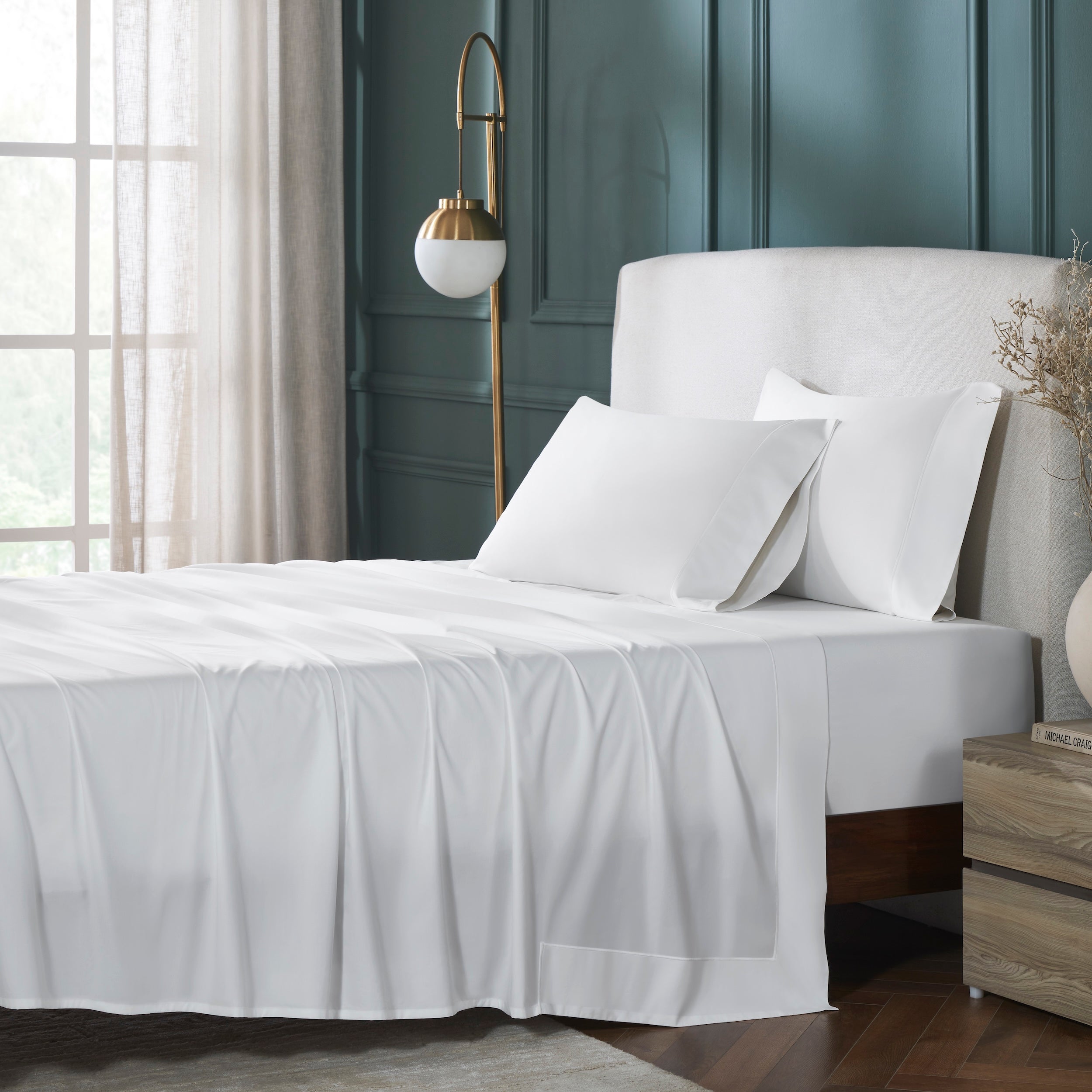 TFT-534-3975_2|White 100% cotton sateen sheet set. Includes flat sheet with a crisp hemstitch border and matching pillowcases. Smooth texture.