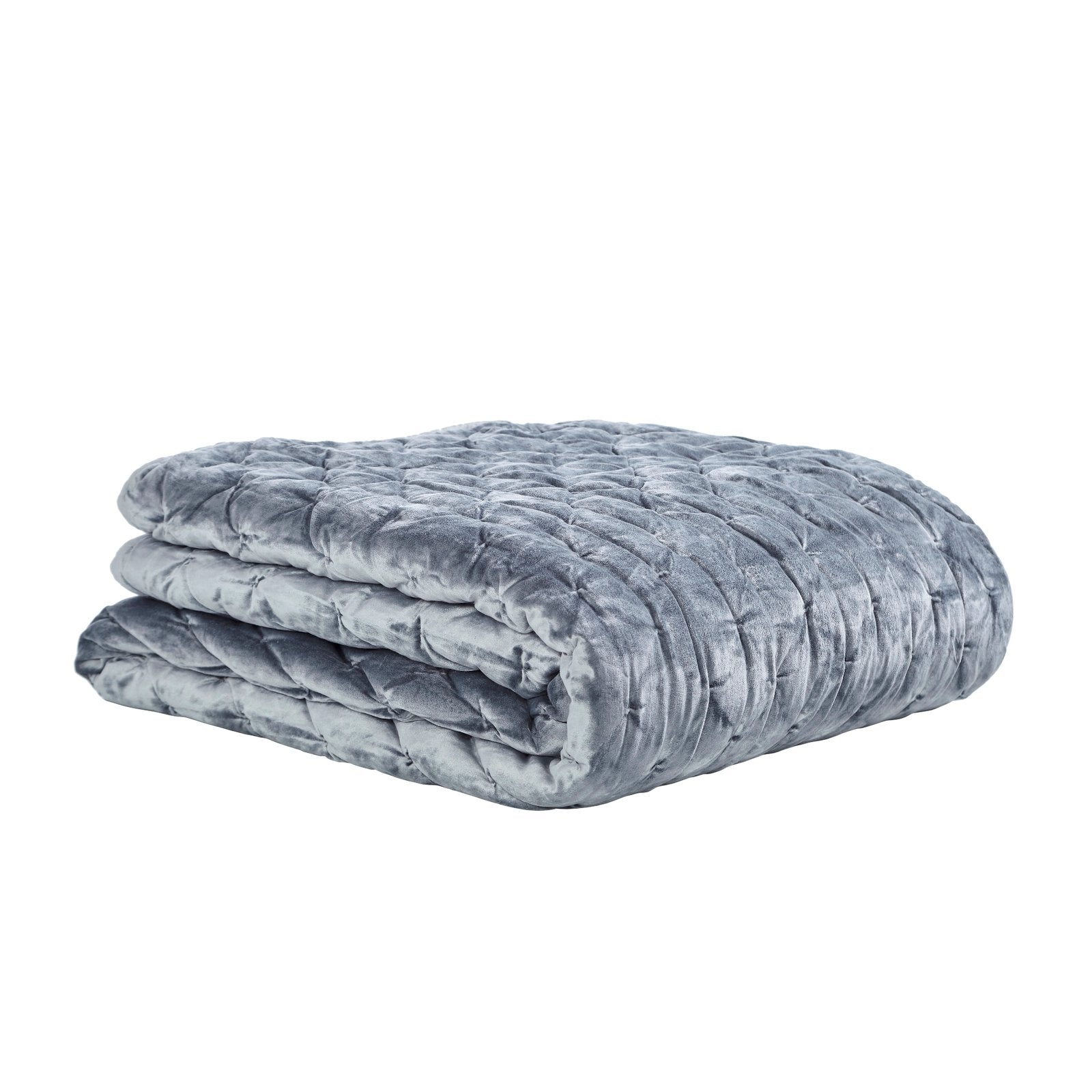 QT-336-11898_3|Folded slate grey velvet pleated quilt. Offers luxurious texture and exceptional warmth for cozy, inviting bedrooms.